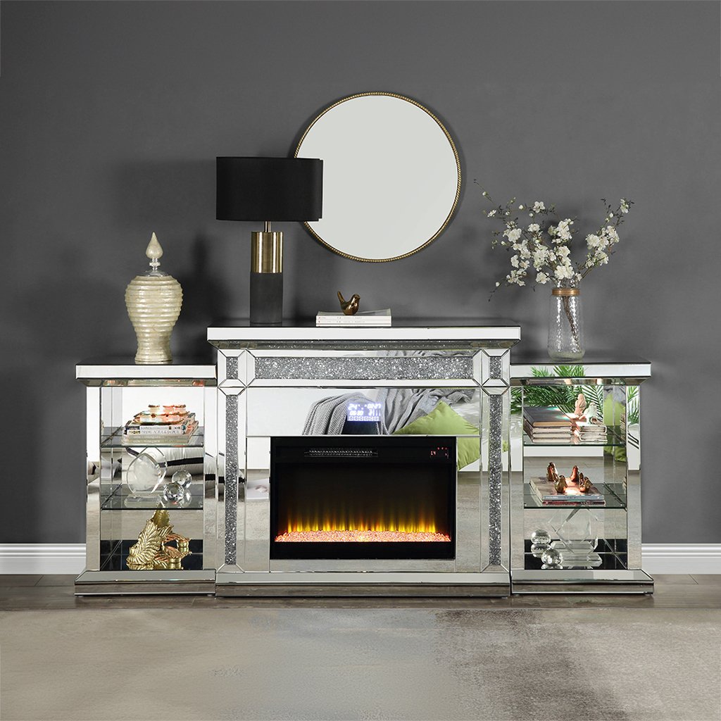 Acme Noralie Fireplace With Led In Mirrored And Faux Diamonds AC00518