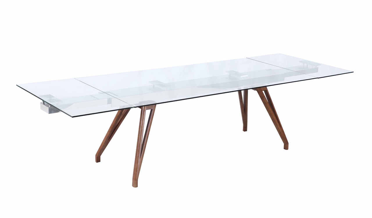 Erika Dining Table With Extendable Glass Top And Solid Wood Legs In