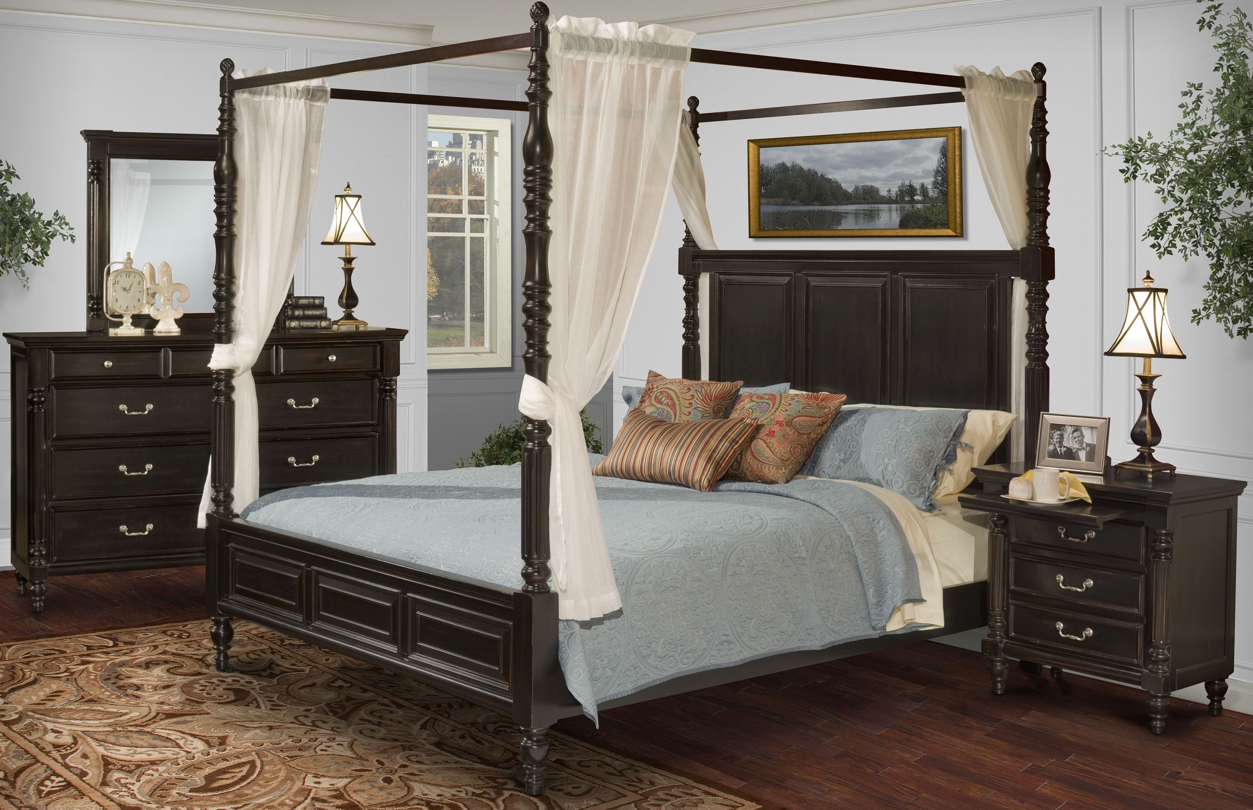 Martinique Rubbed Black Canopy Bedroom Set With Drapes