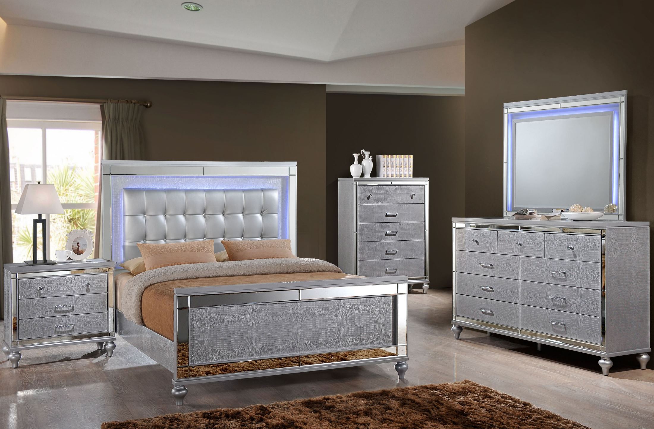silver vanity with beige bedroom furniture