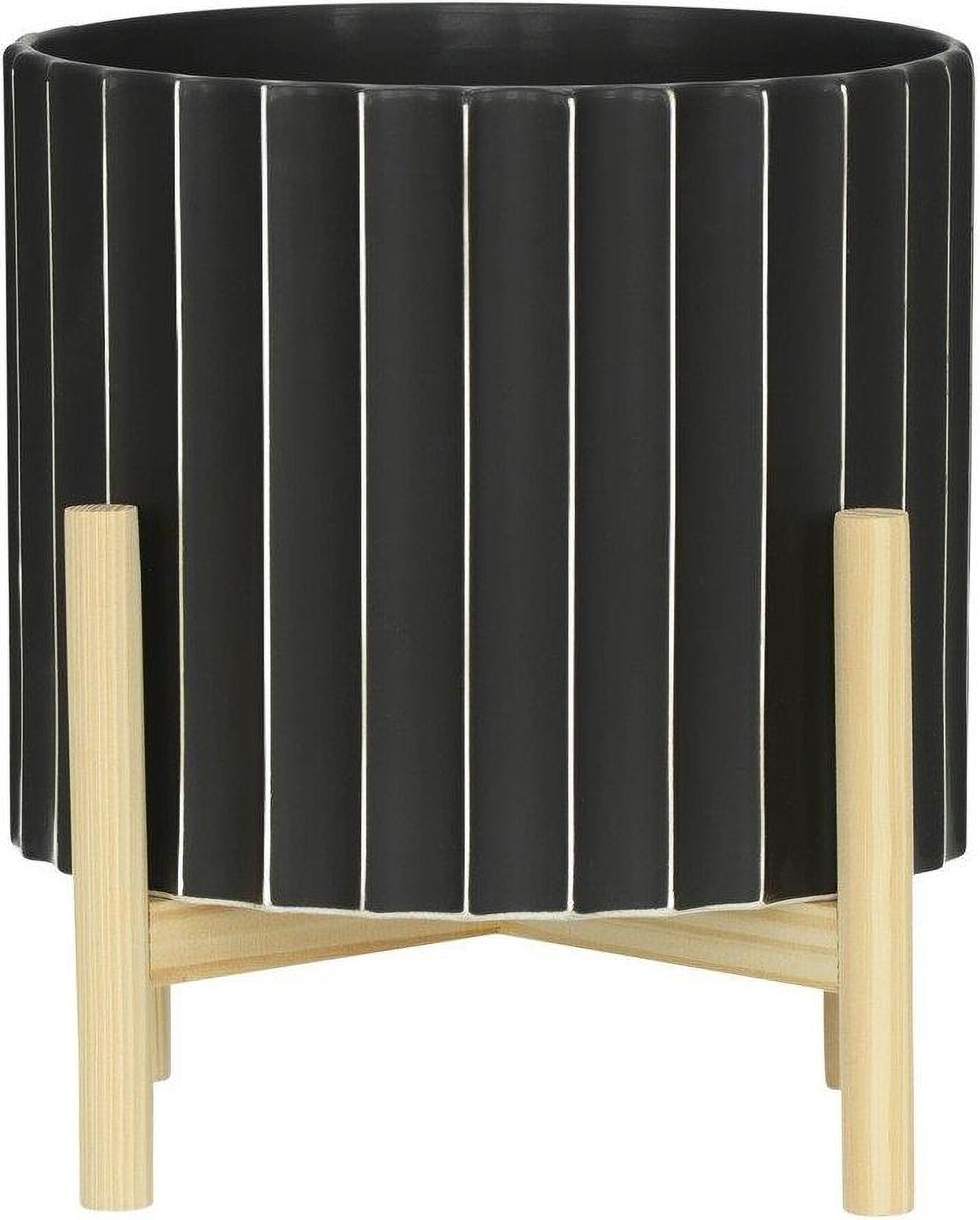 12 Inch Ceramic Fluted Planter With Wood Stand In Black