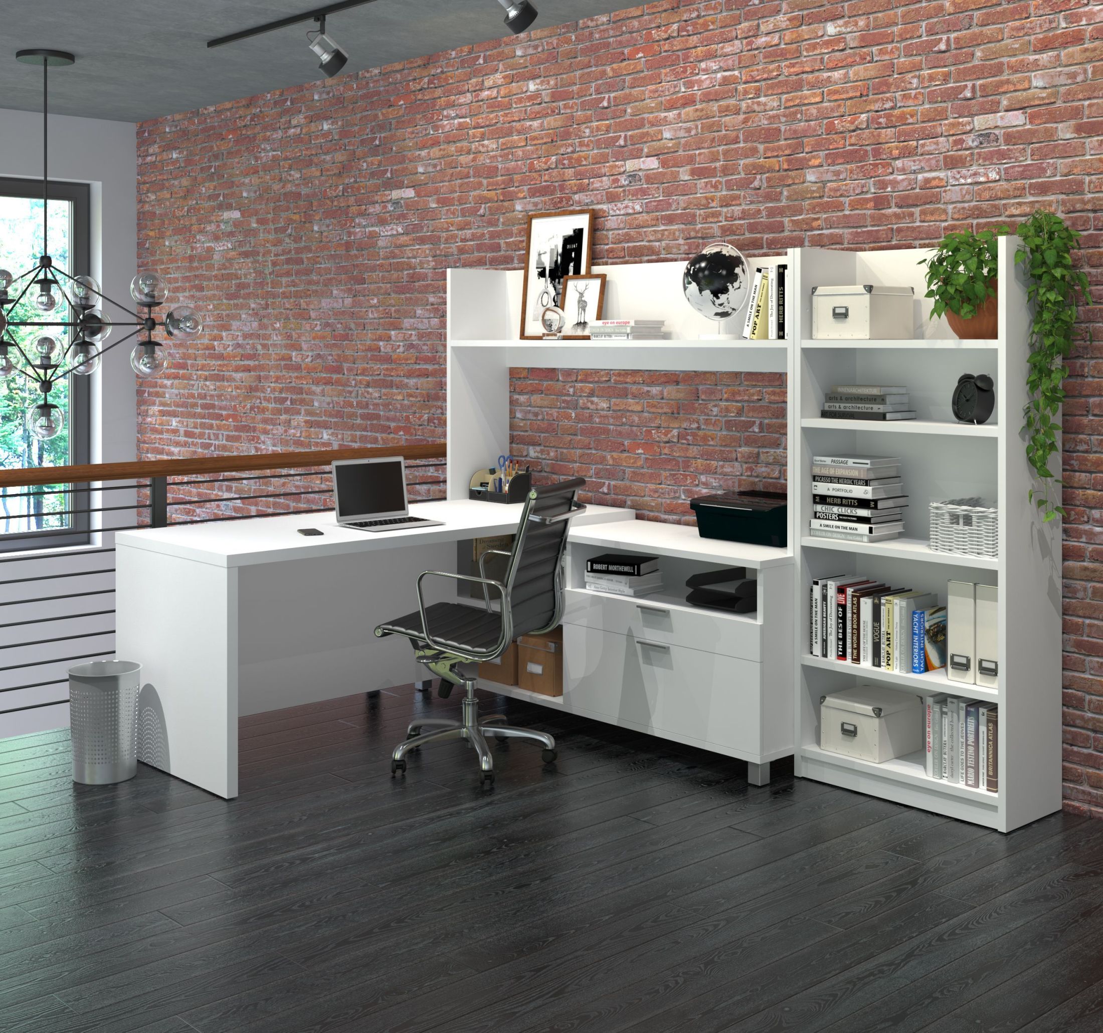 Bestar Pro Linea White L Desk with Open Hutch