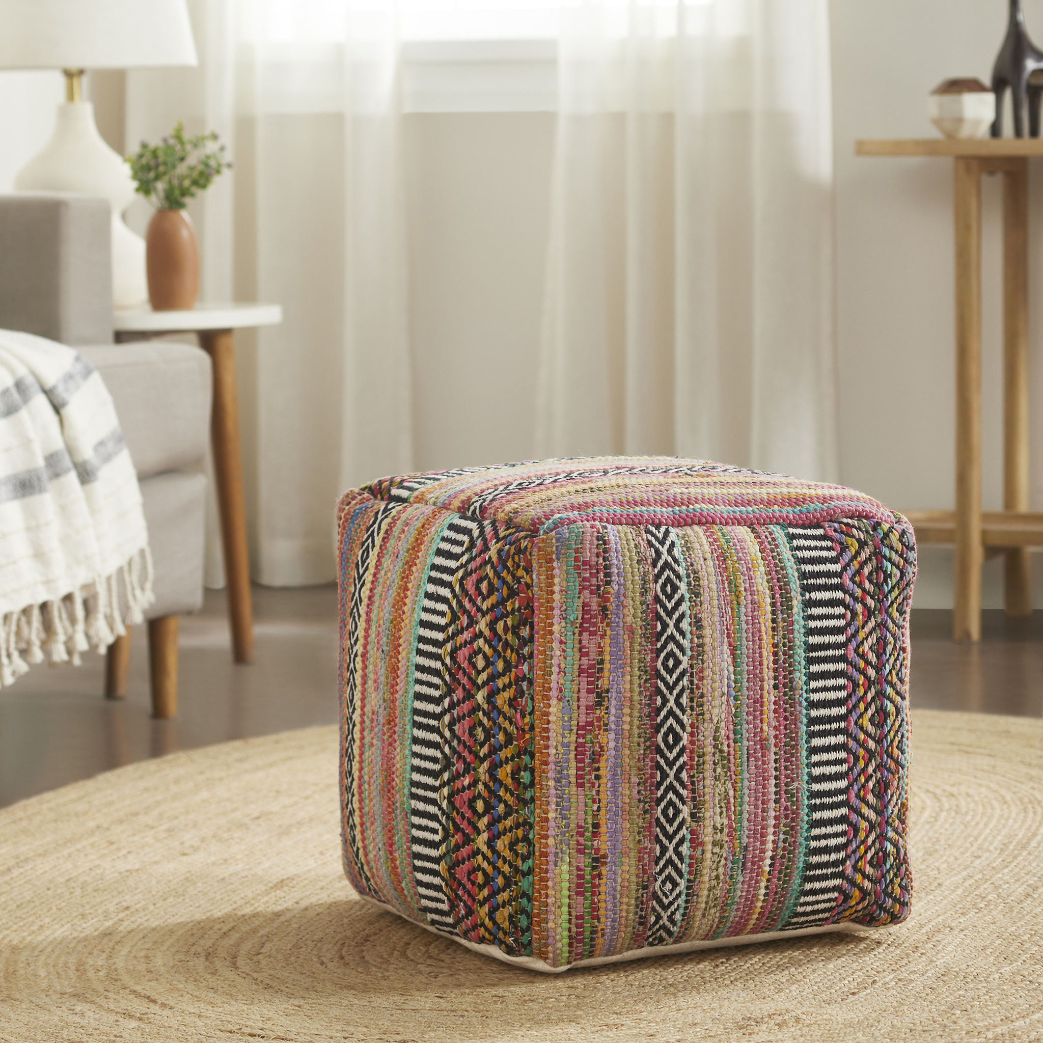 16 Inch Multicolored Ethnic Upholstered Pouf by Albany Living 1StopBedrooms
