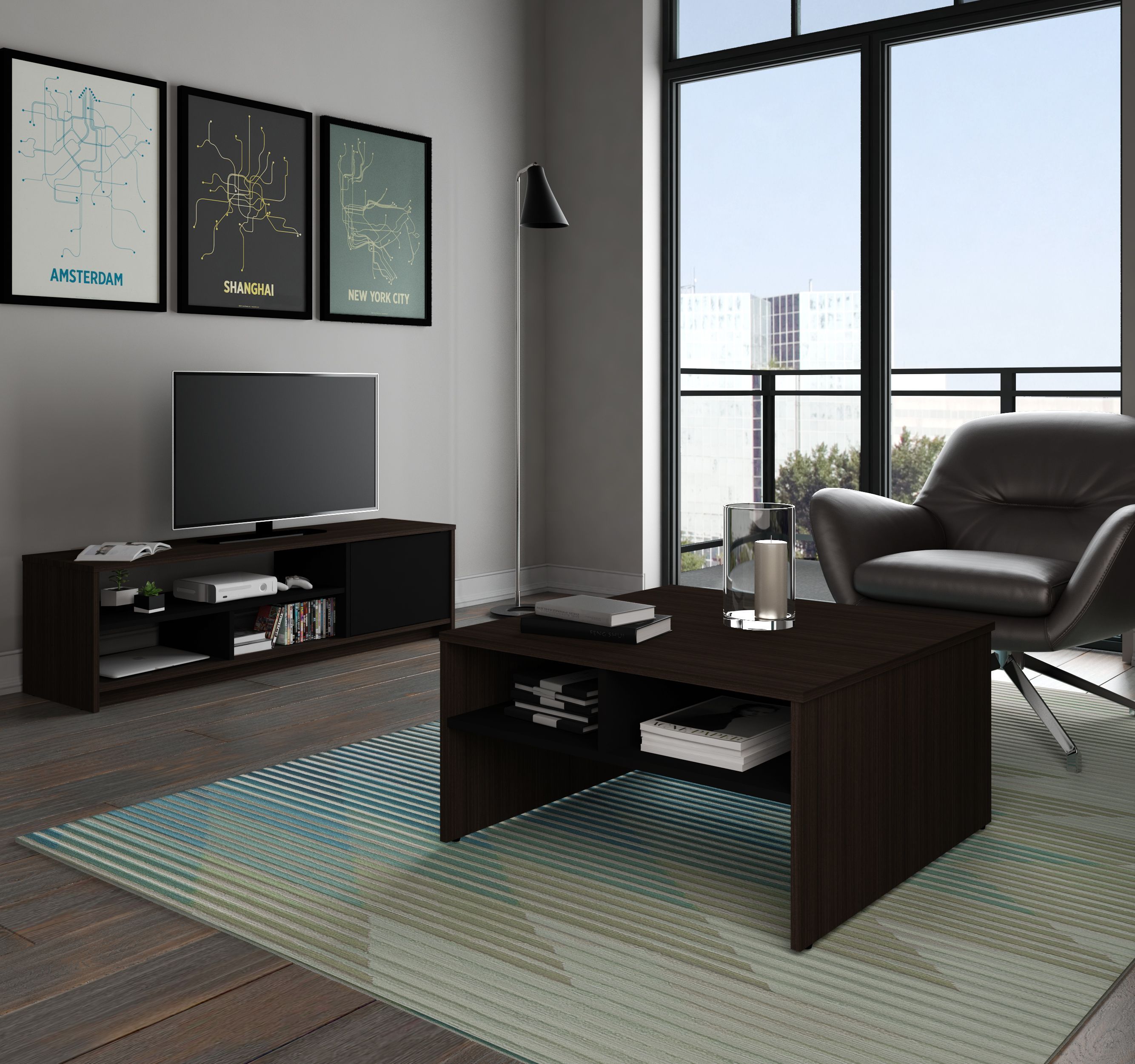 Small Space Dark Chocolate And Black Storage Coffee Table With Tv Stand