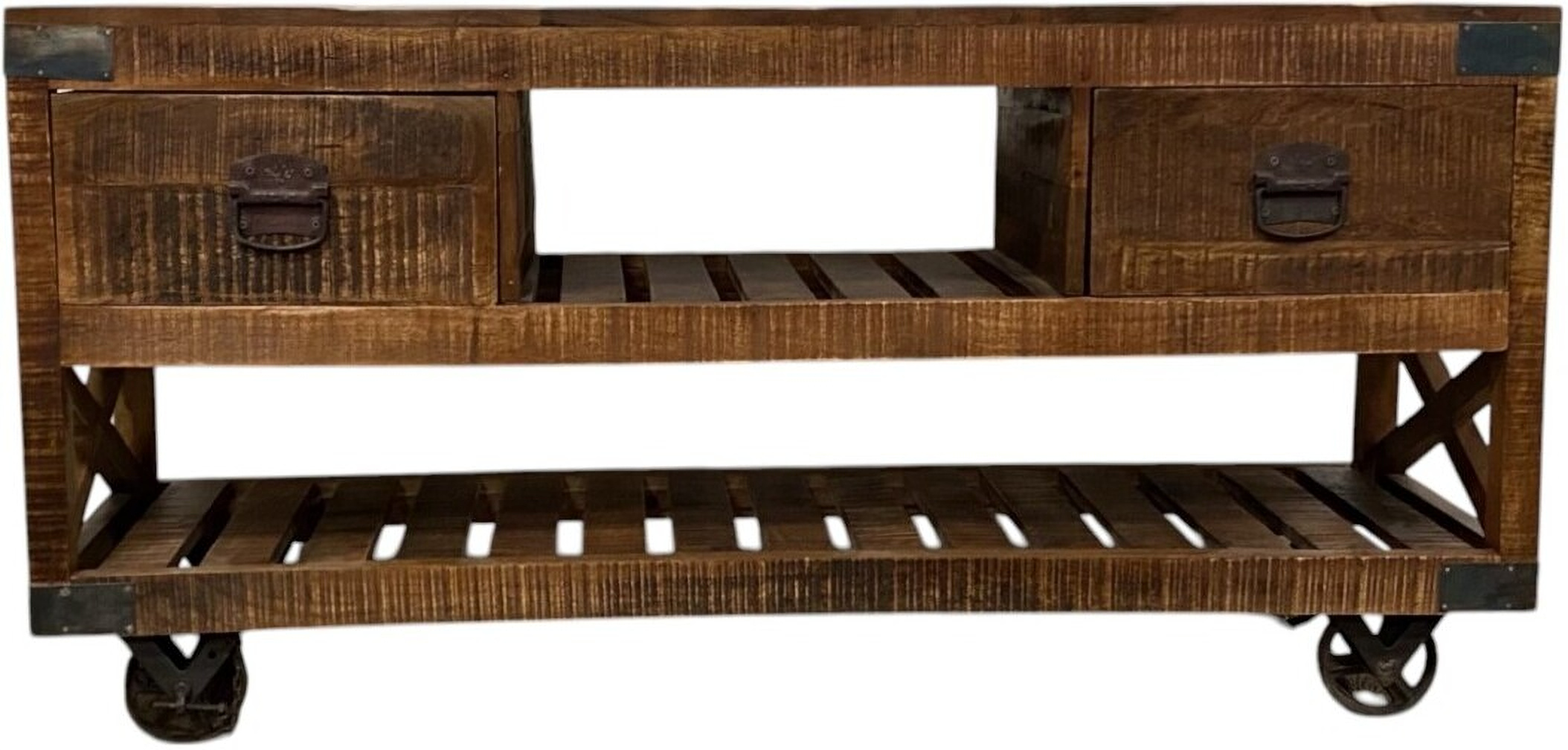 18 Inch Solid Wood Distressed Wheel Console Table with Shelves and ...