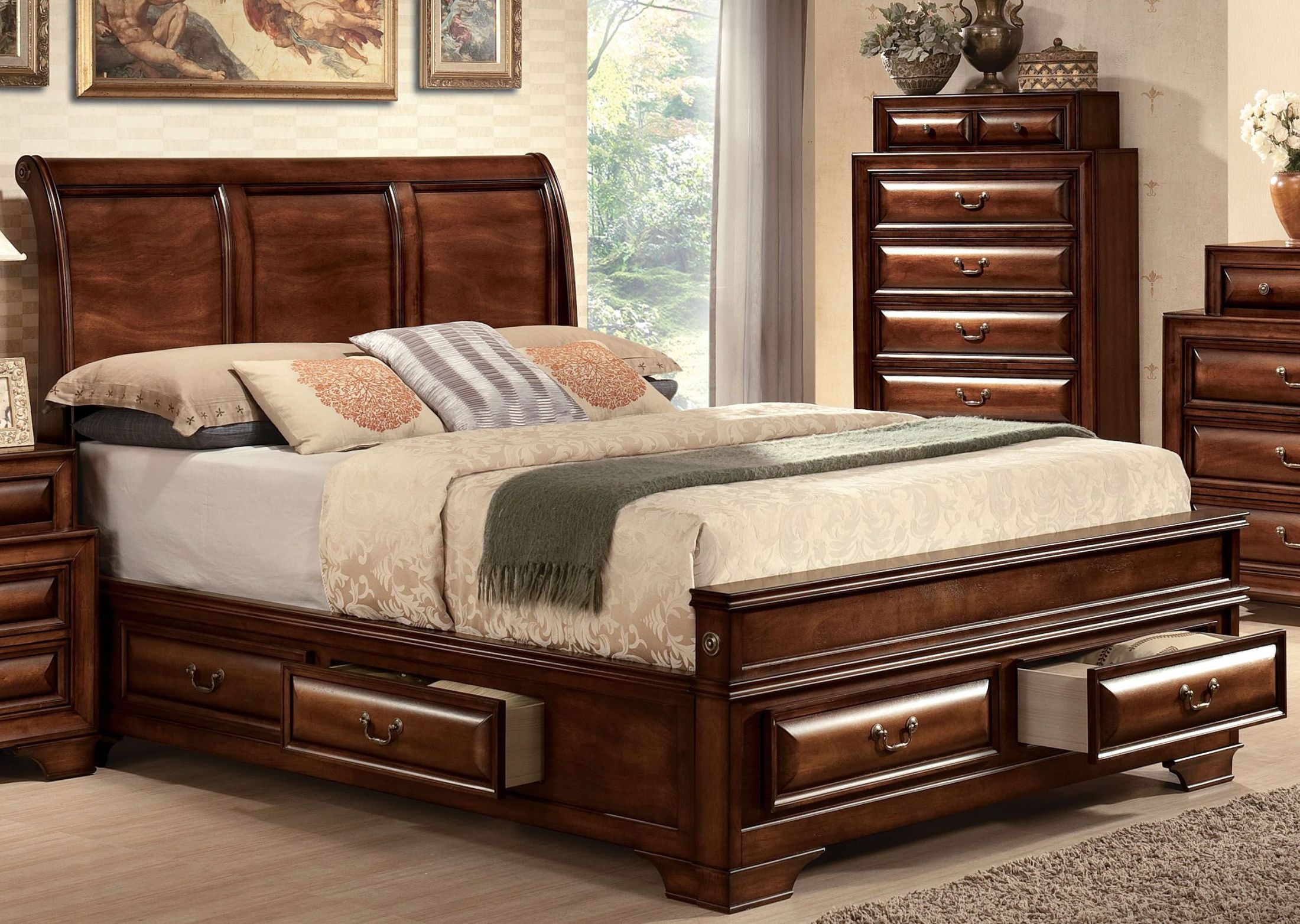 ACME Konane Brown Cherry Queen Sleigh Storage Bed Konane Collection