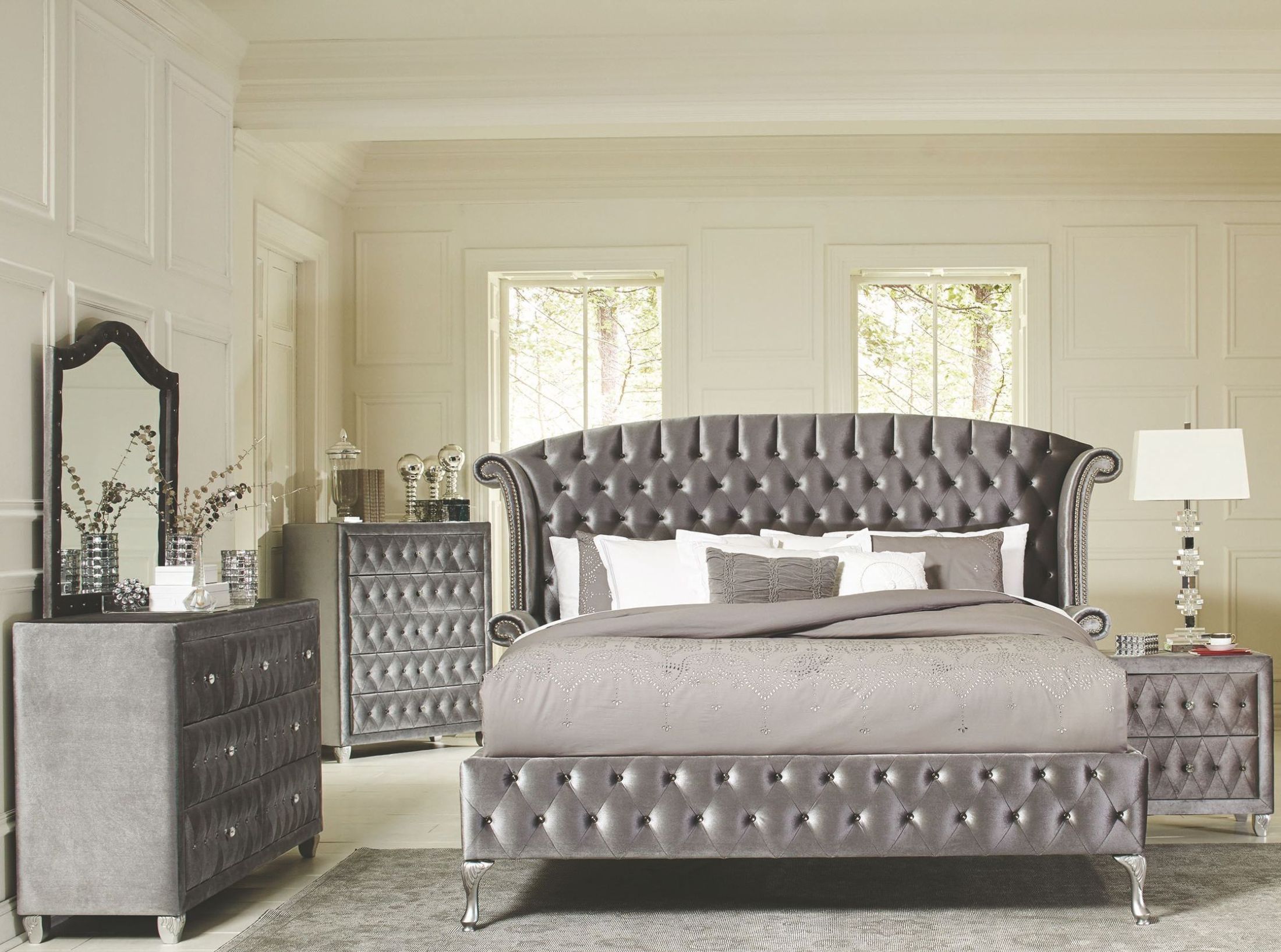 Deanna Grey Upholstered Platform Bedroom Set