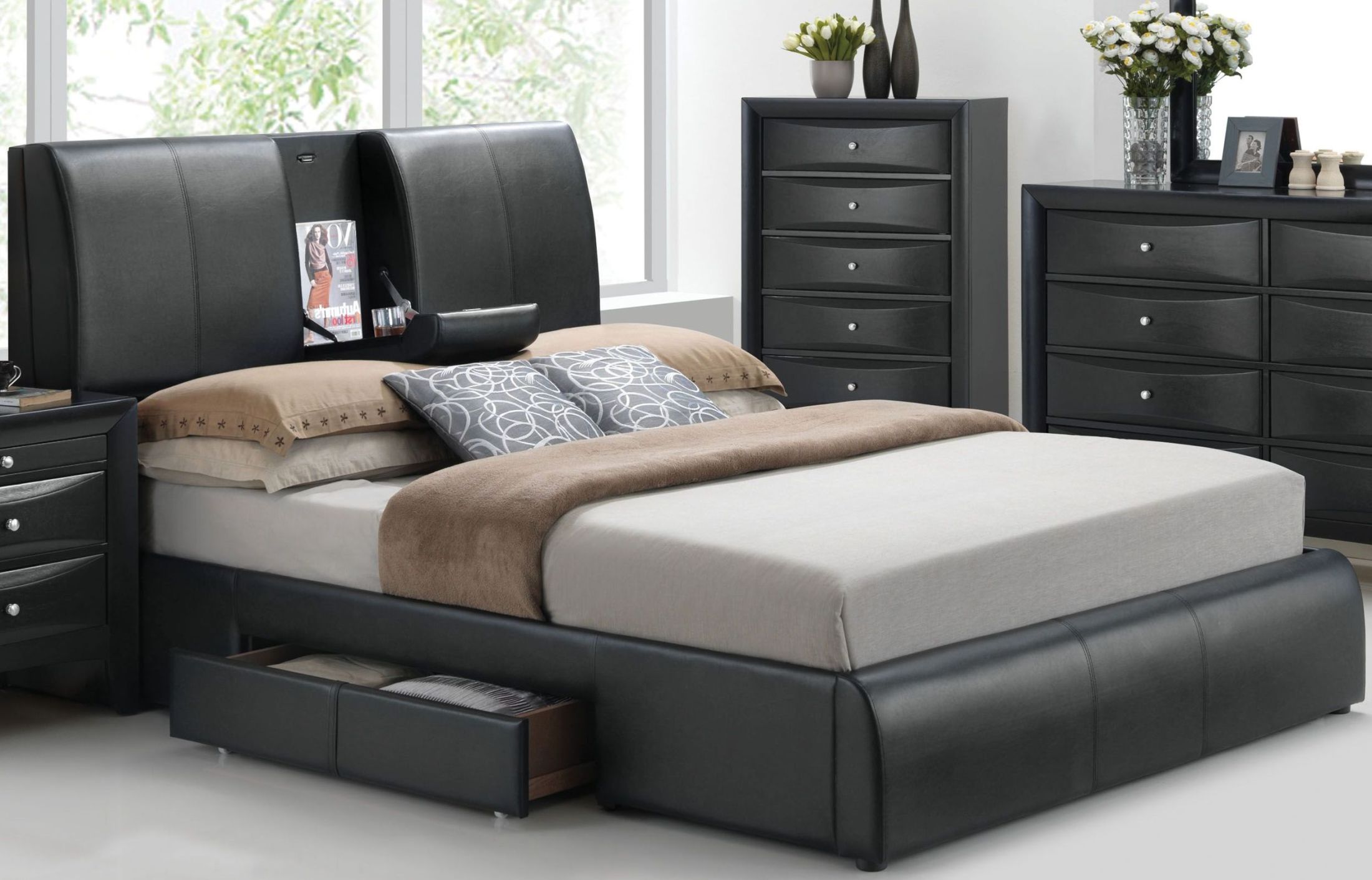 Kofi Black King Upholstered Platform, Black King Size Platform Storage Bed