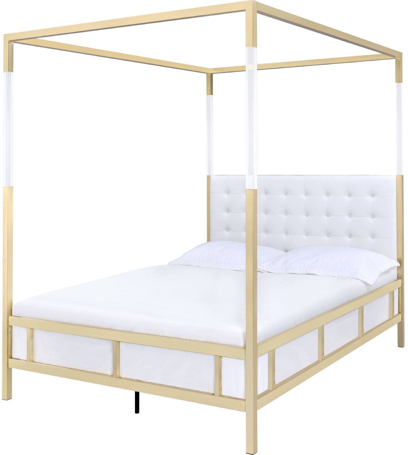 Raegan White Gold Queen Upholstered Canopy Metal Bed ...