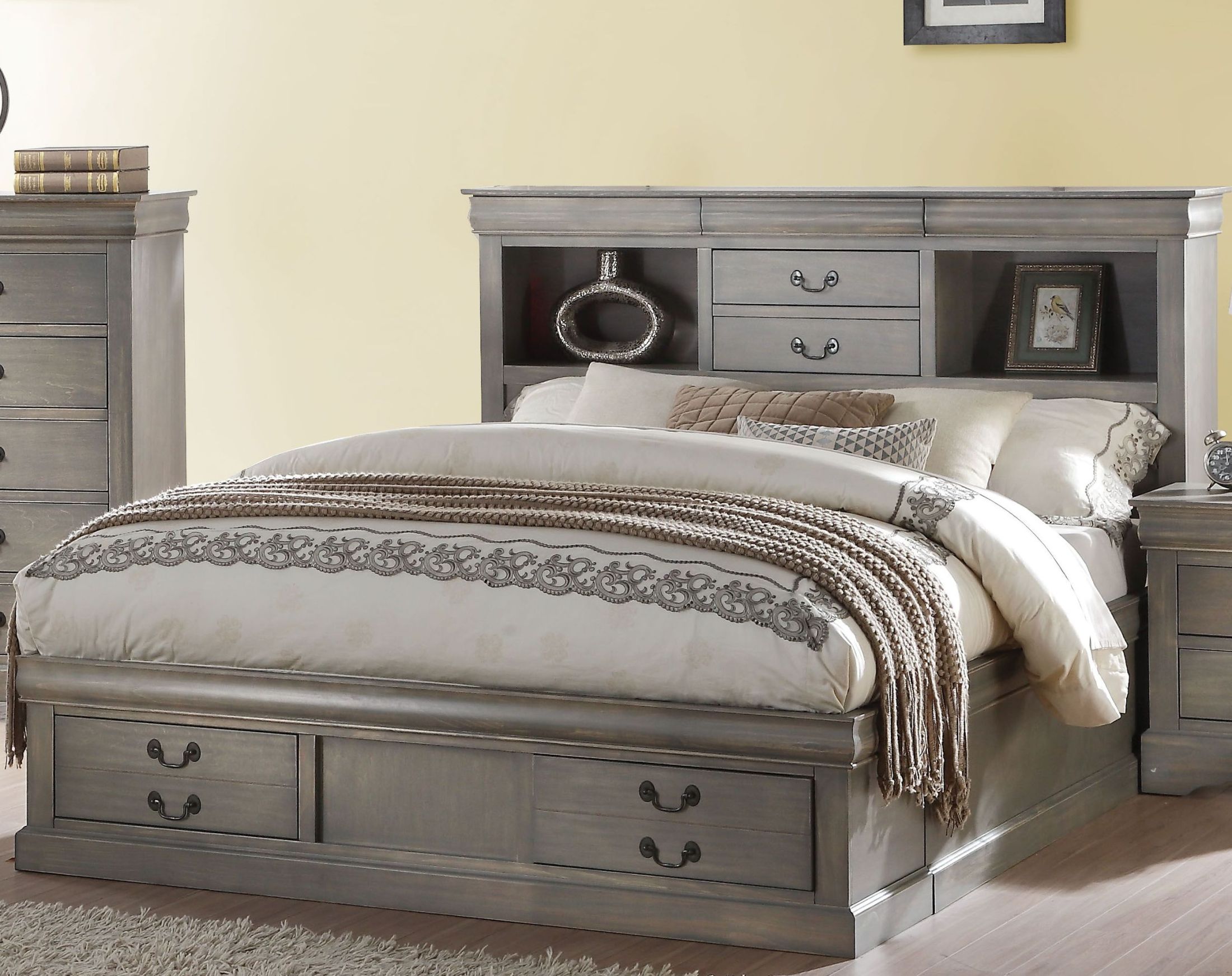 ACME Louis Philippe Iii Antique Gray Queen Bookcase Storage Bed Louis