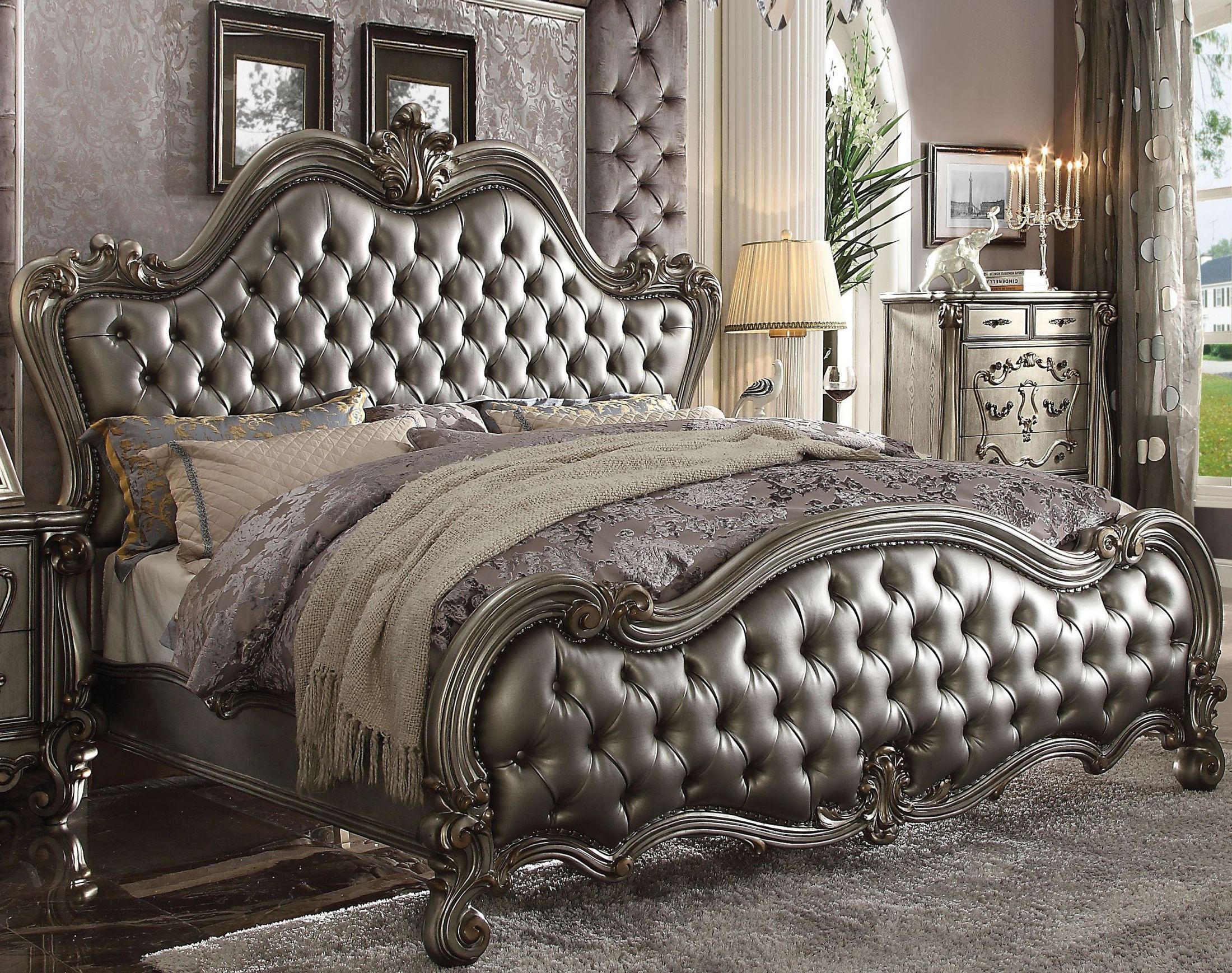 Versailles Ii Silver Antique Platinum Queen Upholstered Panel Bed |  1StopBedrooms
