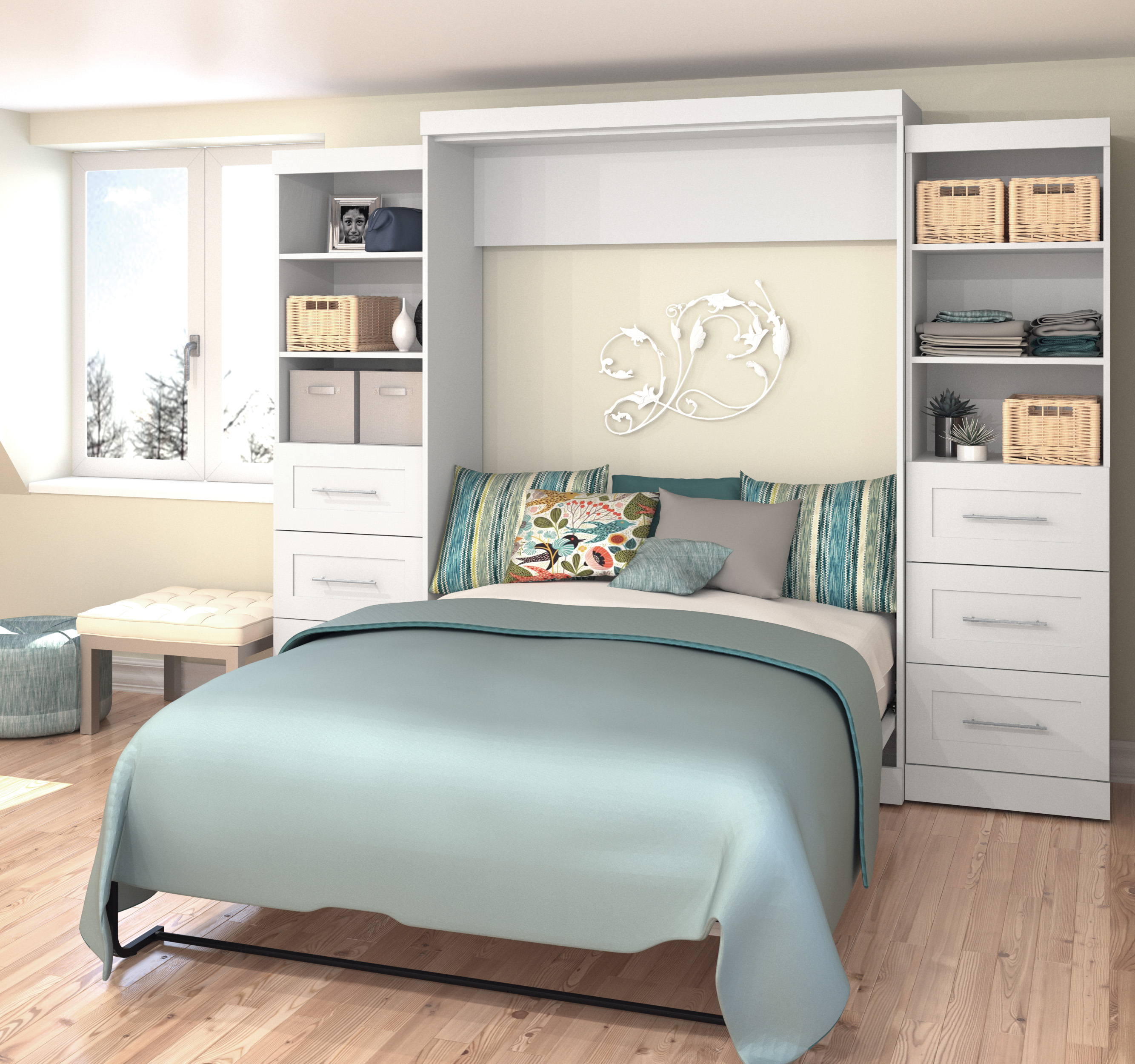 Pur White 115" Queen Wall Drawer Storage Bed