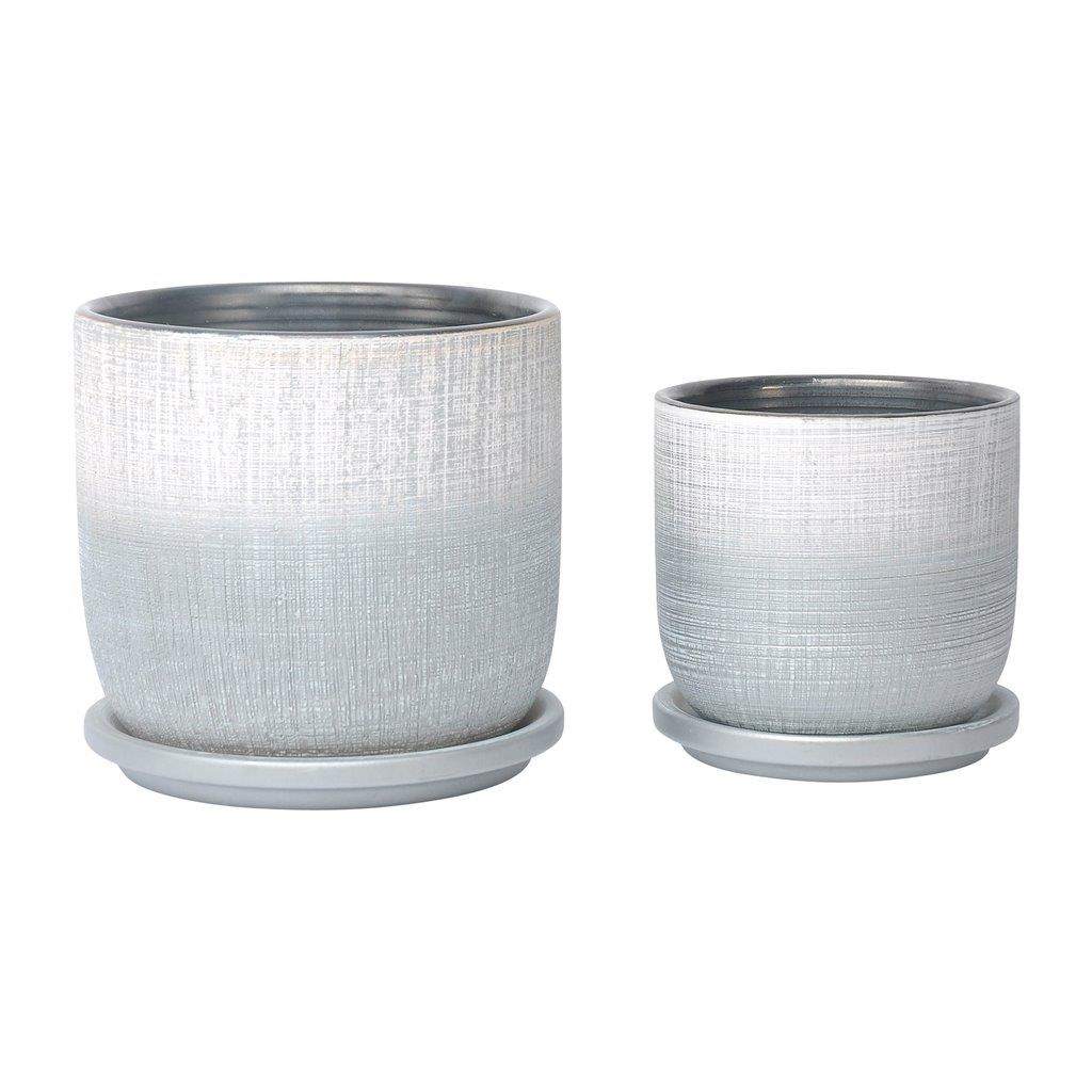 5/6 Inch Textured Planter With Saucer Set of 2 In Silver