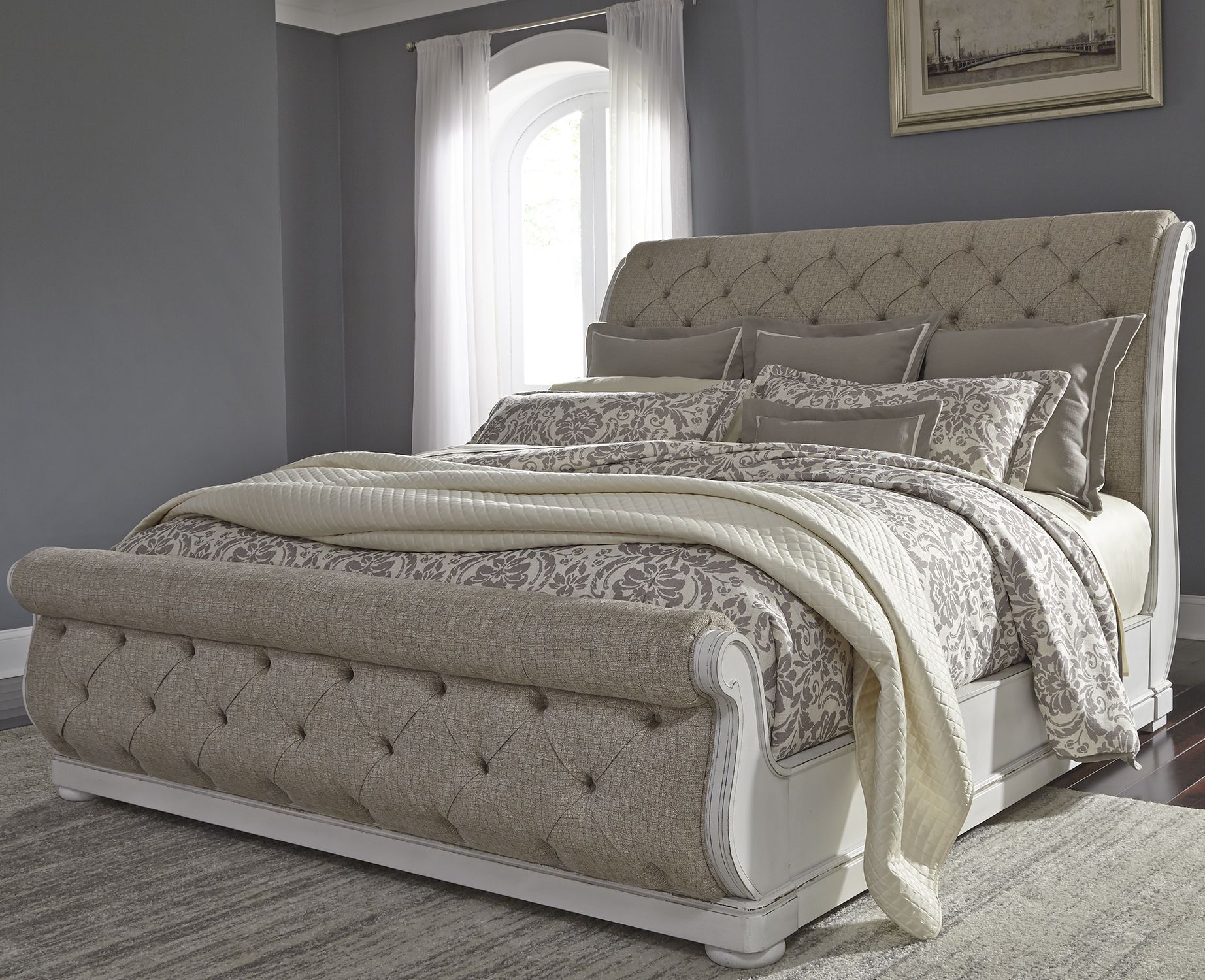 Abbey Park Antique White Queen, Willenburg King Upholstered Bed