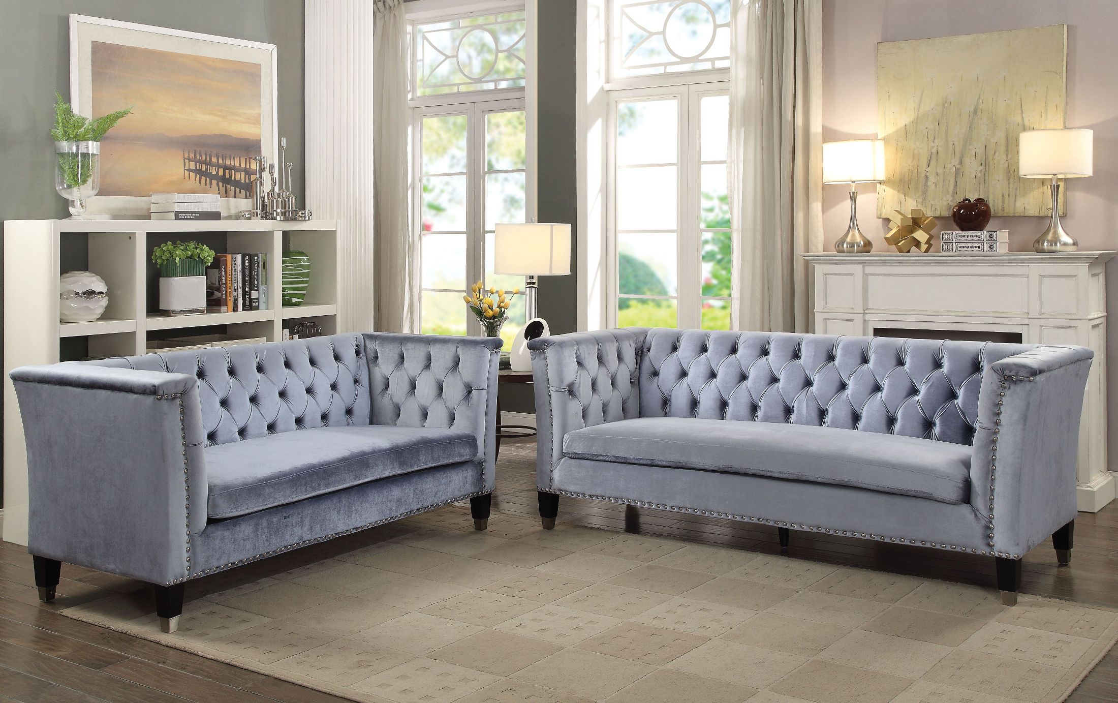 blue velvet living room set