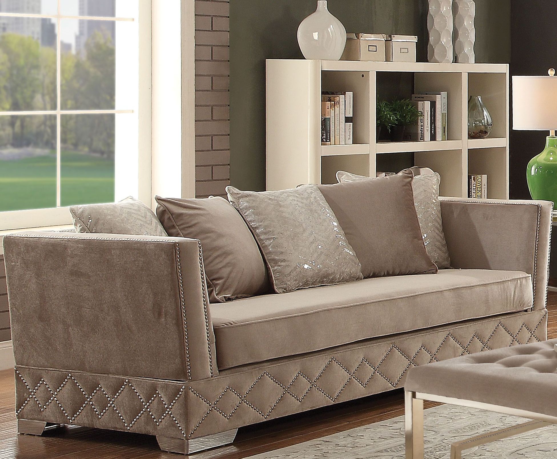 beige living room with velvet