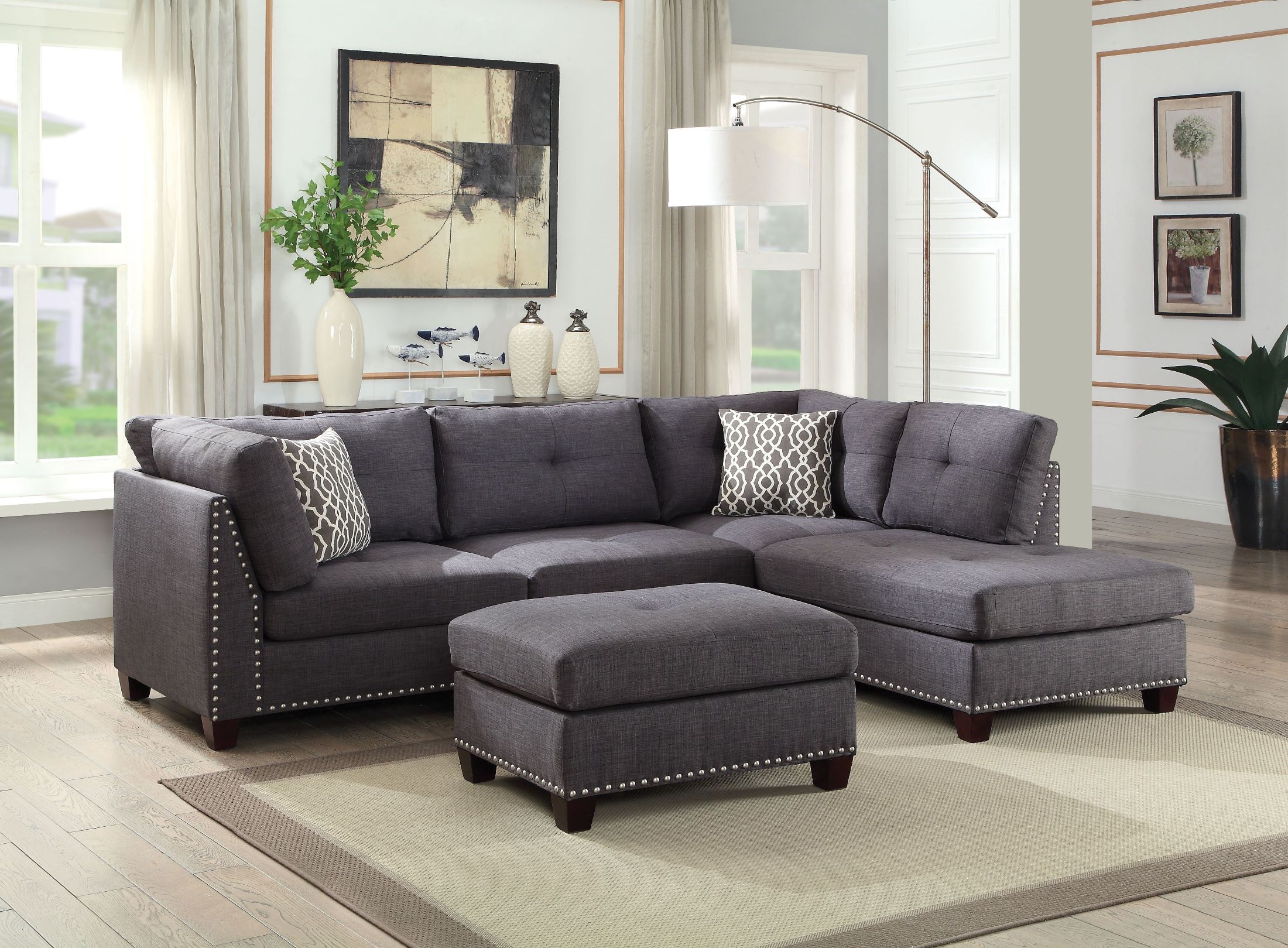 ACME Laurissa Light Charcoal Linen Sectional Sofa with 