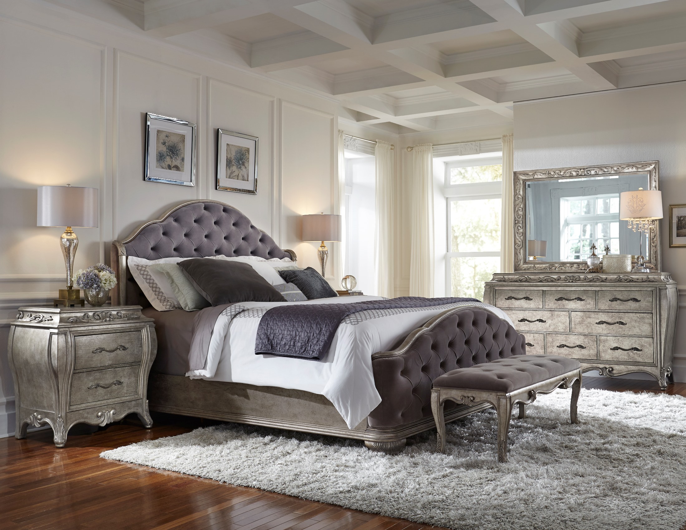 Bedroom rhianna set upholstered king size bed patina panel silver pulaski anastasia furniture queen collection piece 1stopbedrooms room sale previous