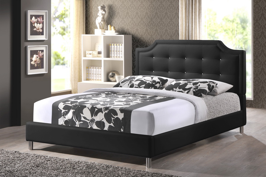 Baxton Studio Carlotta Black Modern Bed, Black Leather Bed With Crystals