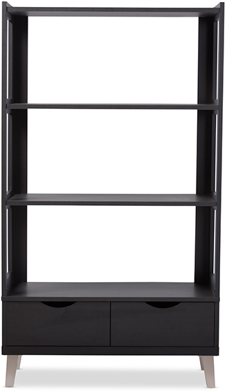 Dark Brown Wood Leaning Bookcase, Baxton Studio Lindo Bookcase And Dual Pull Out Shelving Cabinet