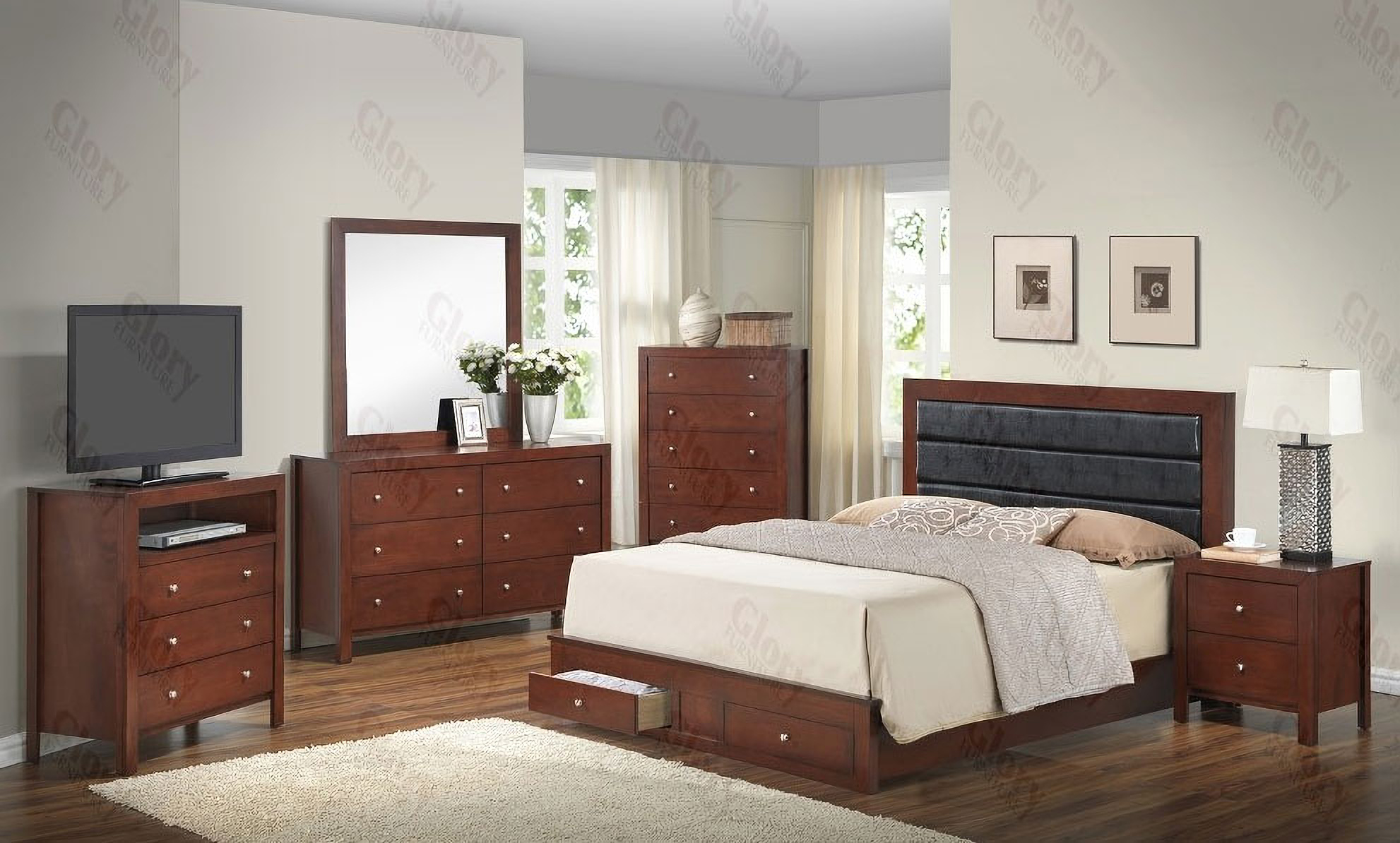 Glory Furniture G3100D 5-Piece Low Profile Storage Bedroom Set in Cherry