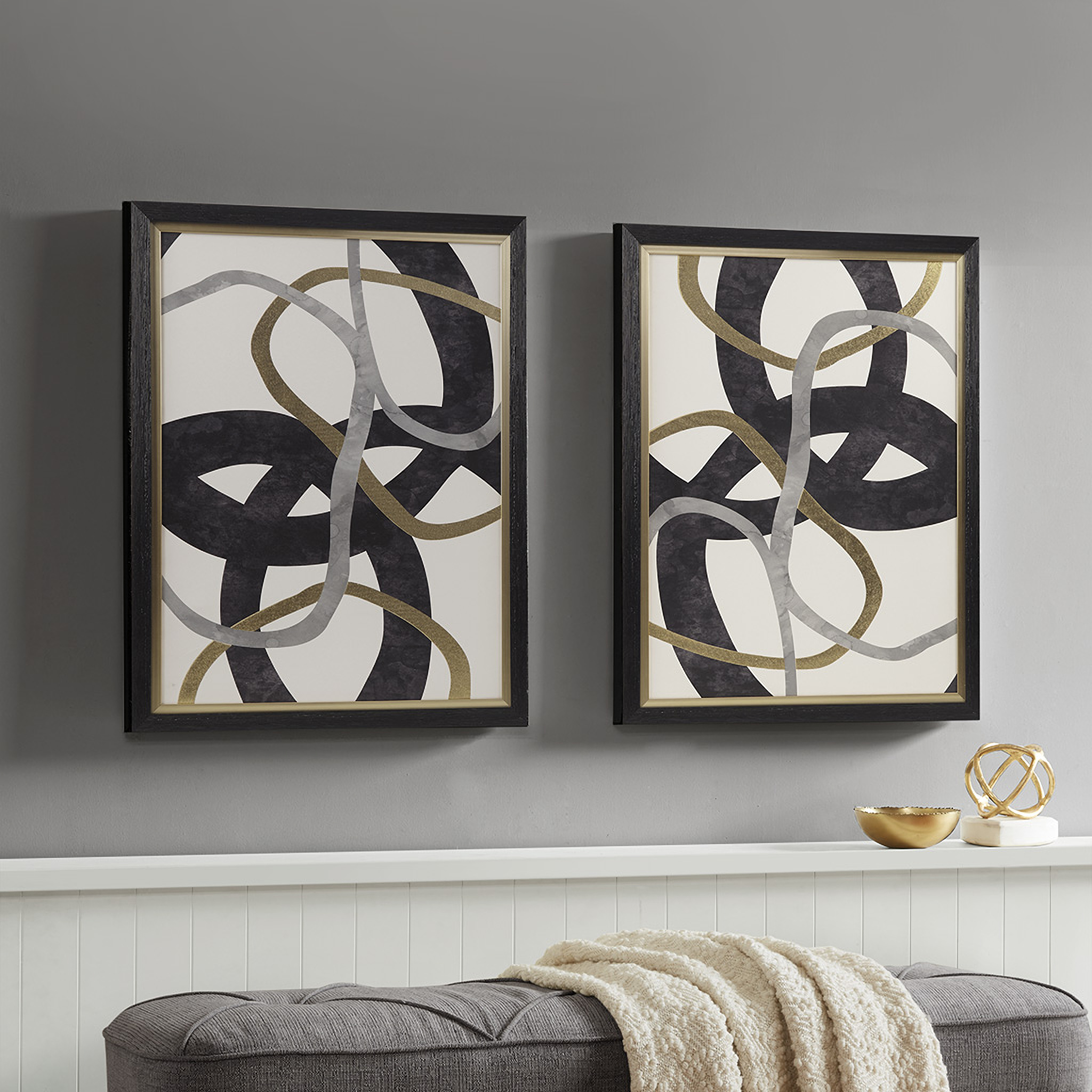 Abstract Gold Foil Framed Canvas 2 Piece Set In Black by Olliix