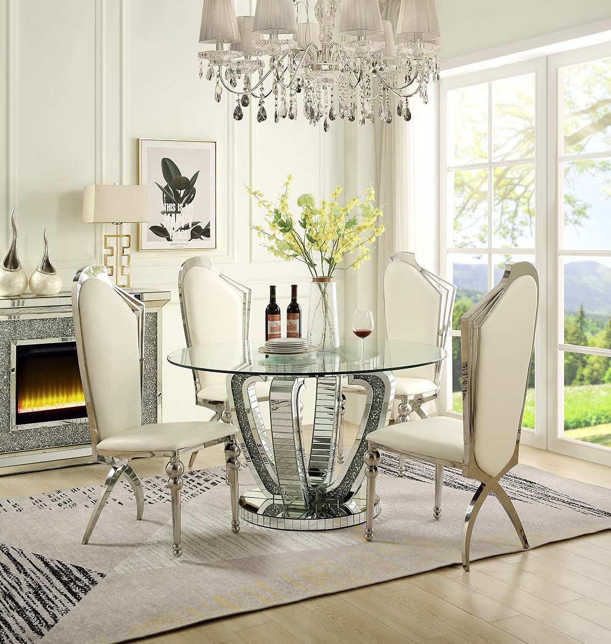 Noralie Panel Base Dining Table In Mirrored and Faux Diamonds 1StopBedrooms