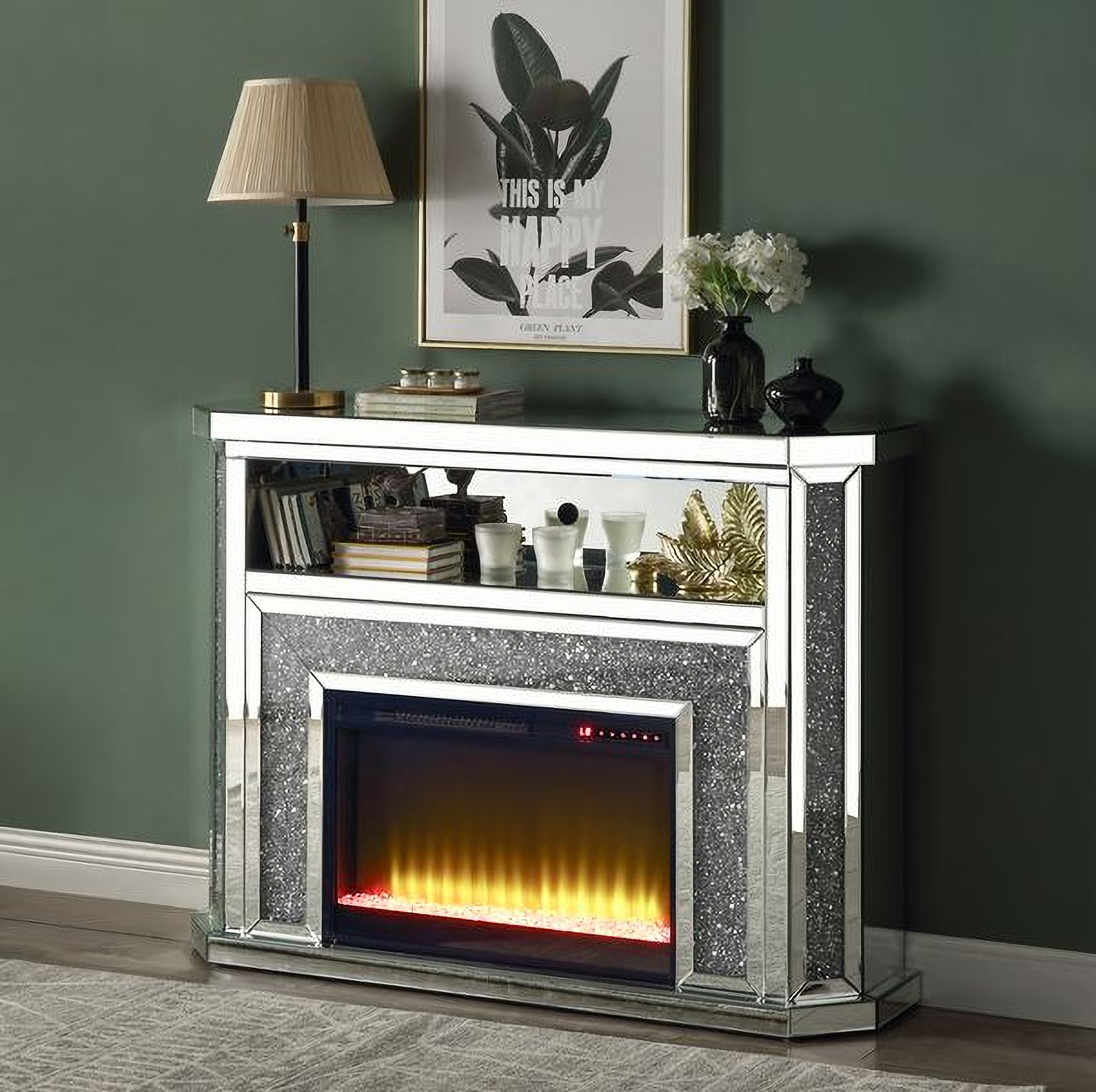 Acme Noralie Fireplace With Led In Mirrored And Faux Diamonds