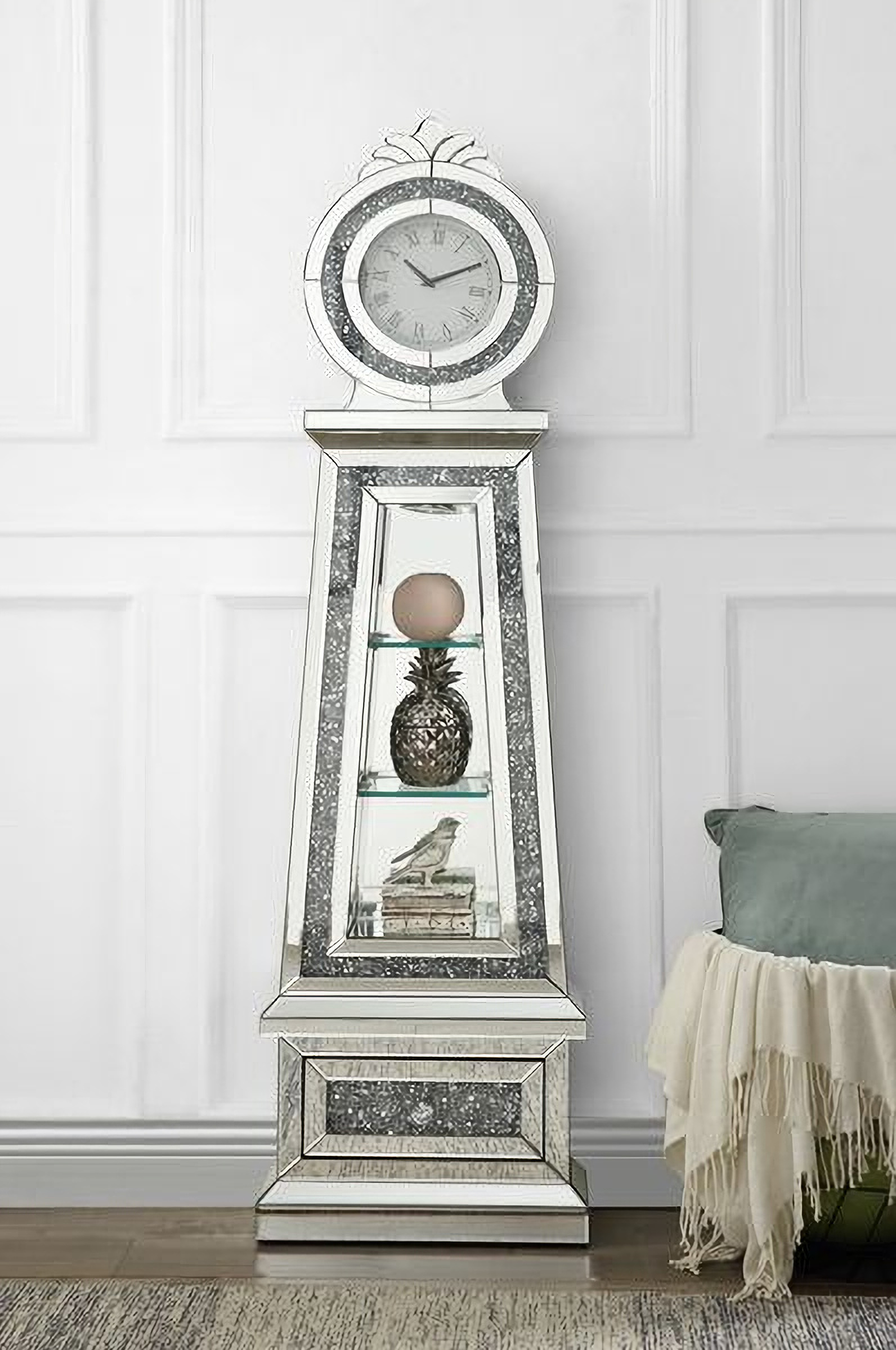 Acme Noralie Grandfather Clock In Mirrored And Faux Diamonds