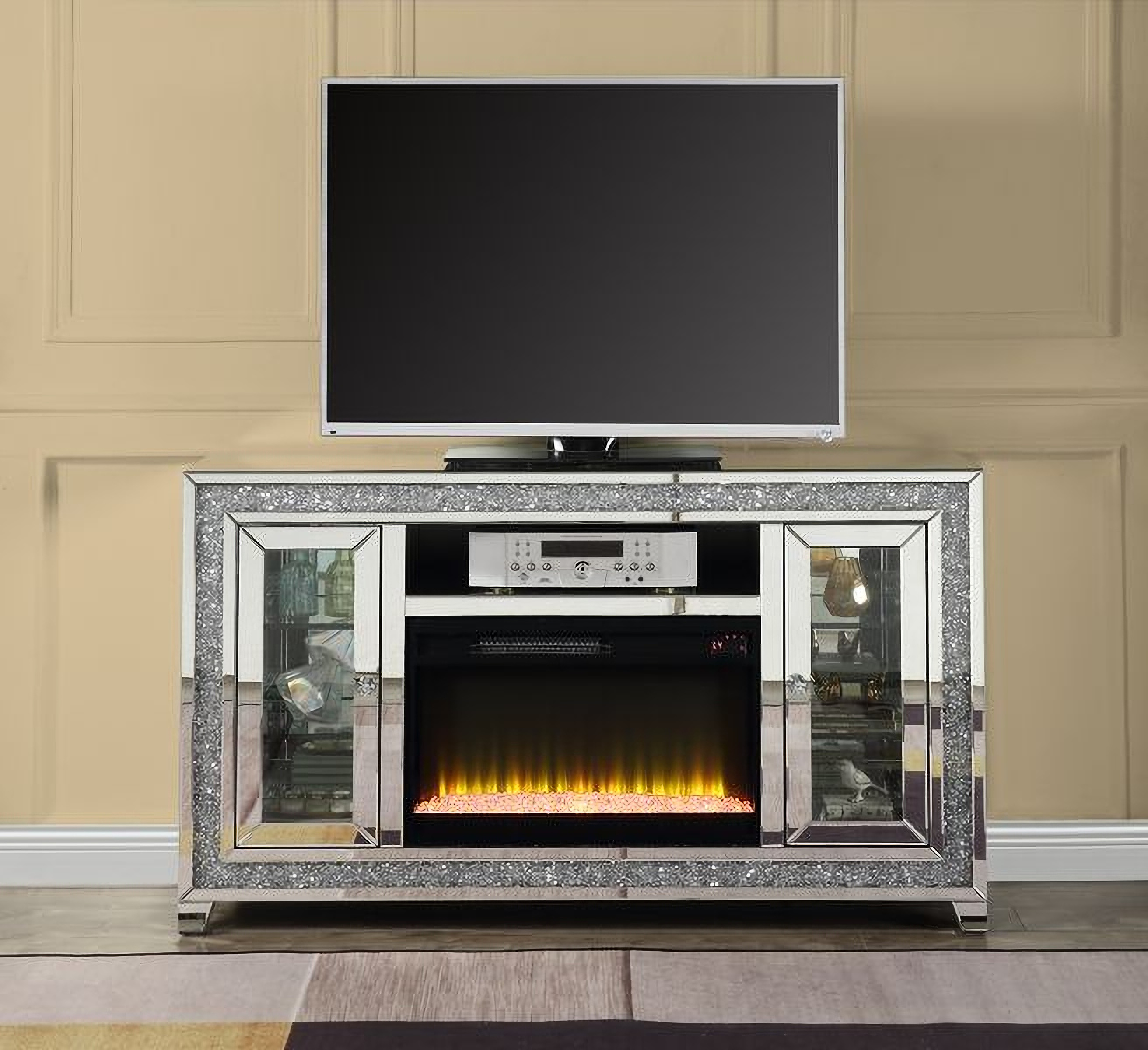 Acme Noralie TV Stand With Fireplace In Mirrored And Faux Diamonds