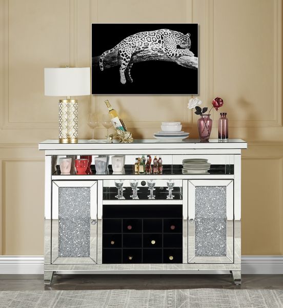 Acme Noralie Wine Cabinet With Led In Mirrored And Faux Diamonds AC00526