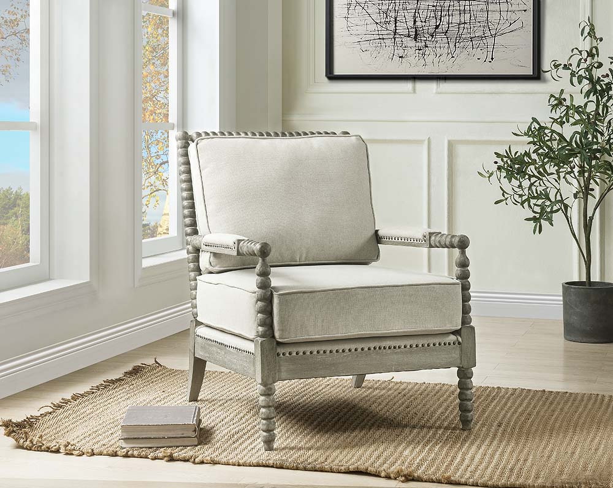 Acme Saraid Accent Chair In Beige Linen and Gray Oak Finish