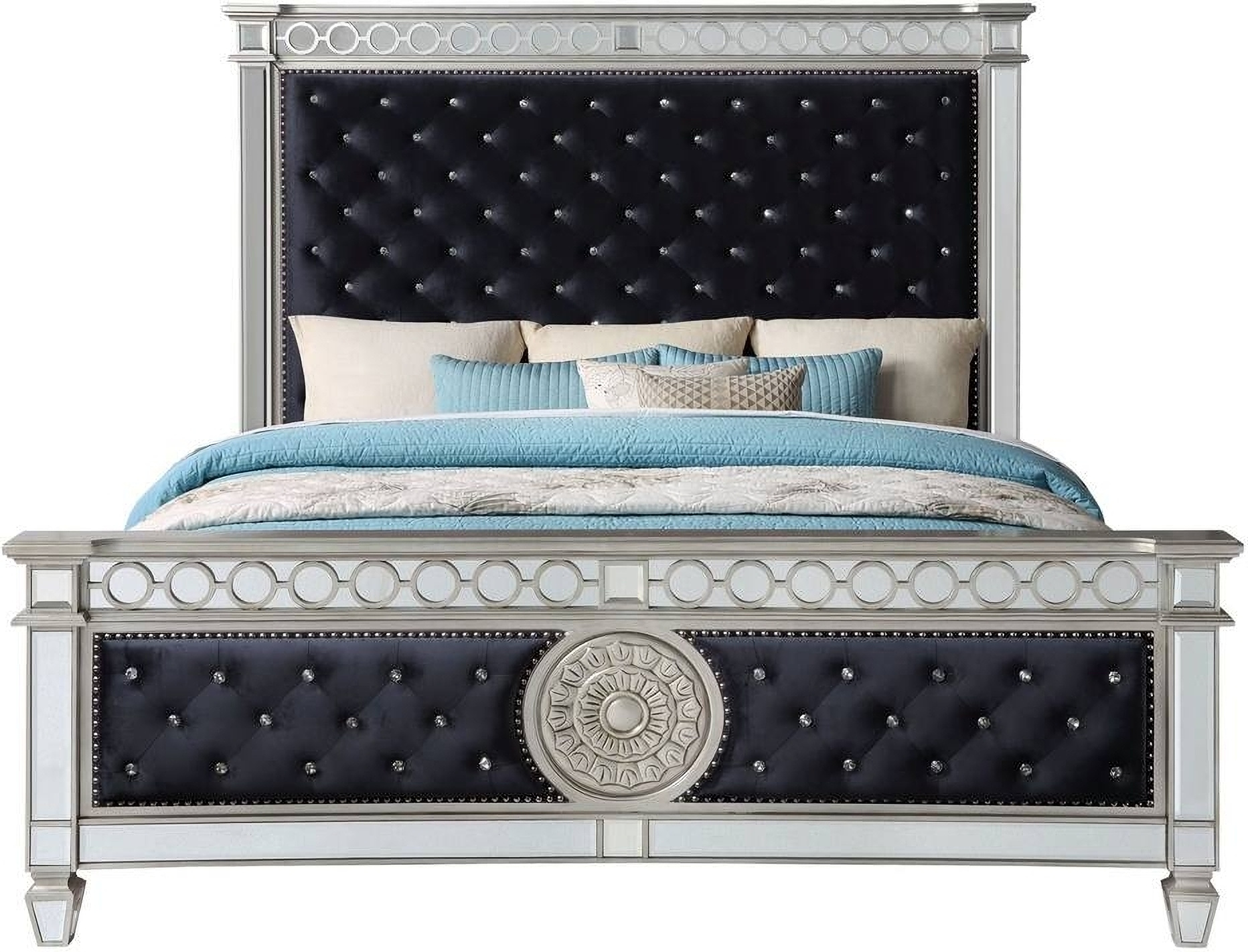 Acme Varian Queen Bed In Black Velvet And Mirrored | 1StopBedrooms