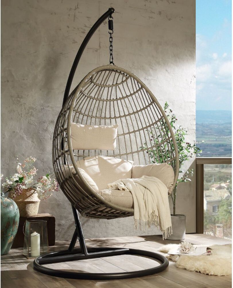 Acme Vasant Patio Swing Chair With Stand In Fabric And Wicker