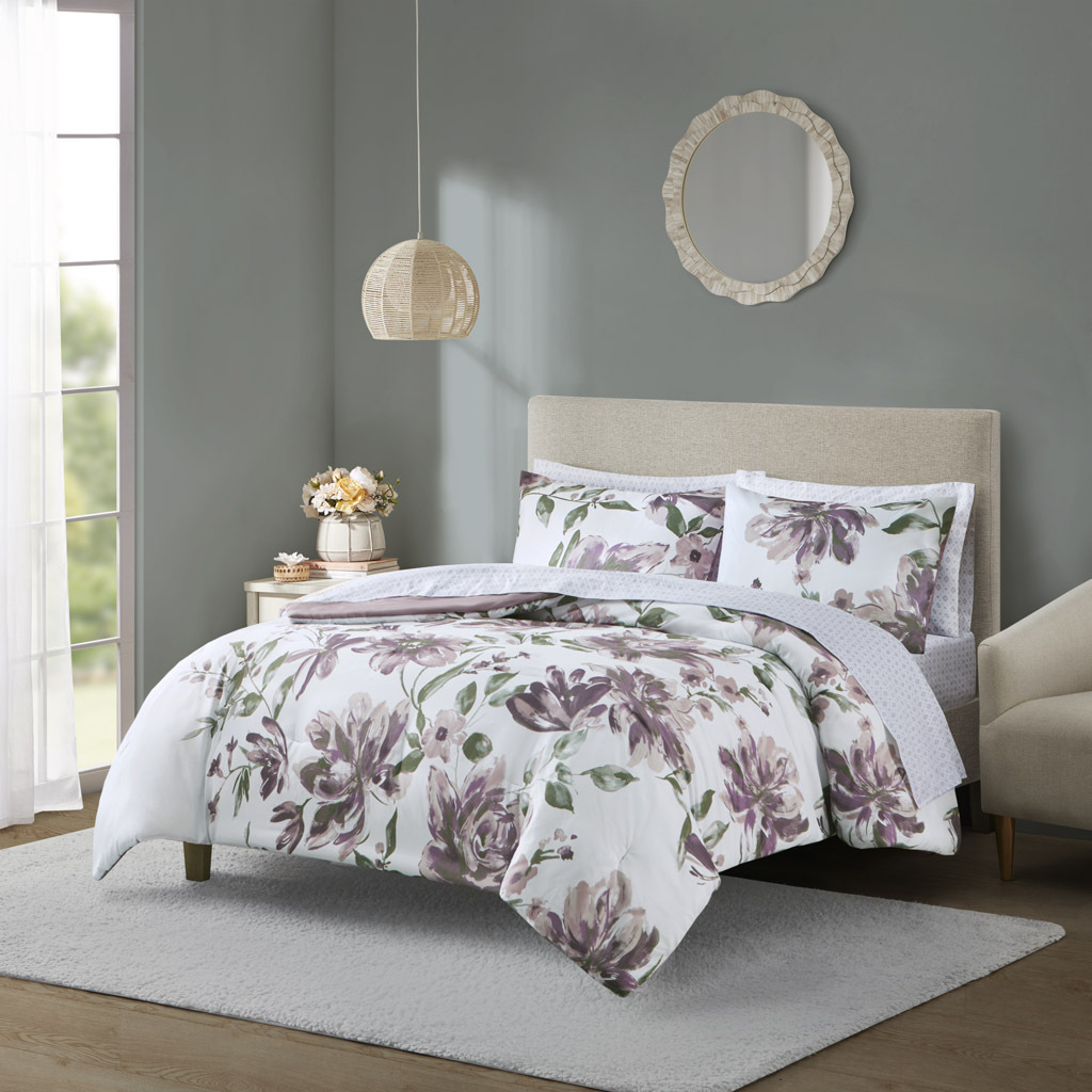 Alice Floral King Comforter Set with Bed Sheets In Mauve by Olliix ...