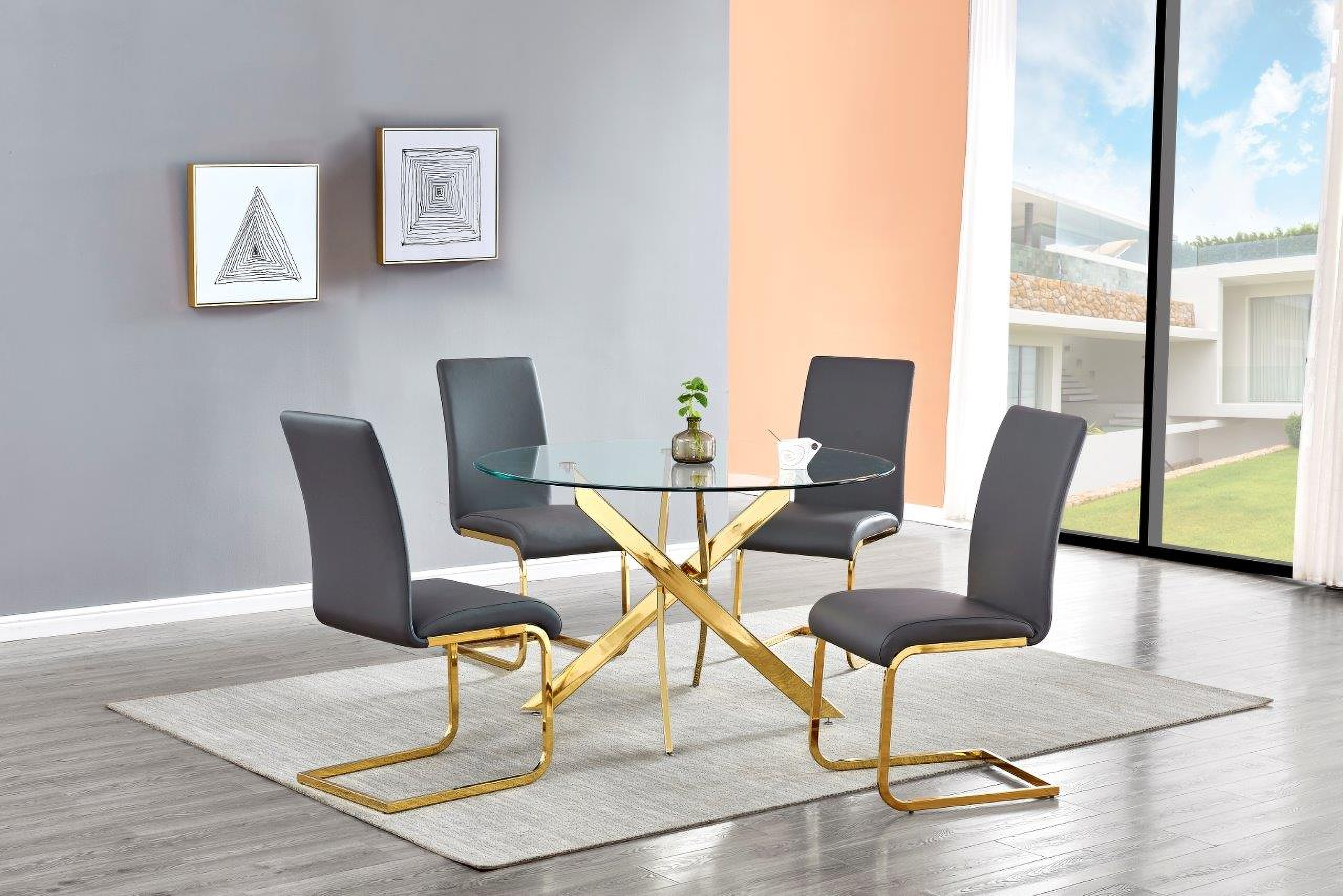Alison 5 Piece Modern Glass Top Dinette Set In Gray And Gold