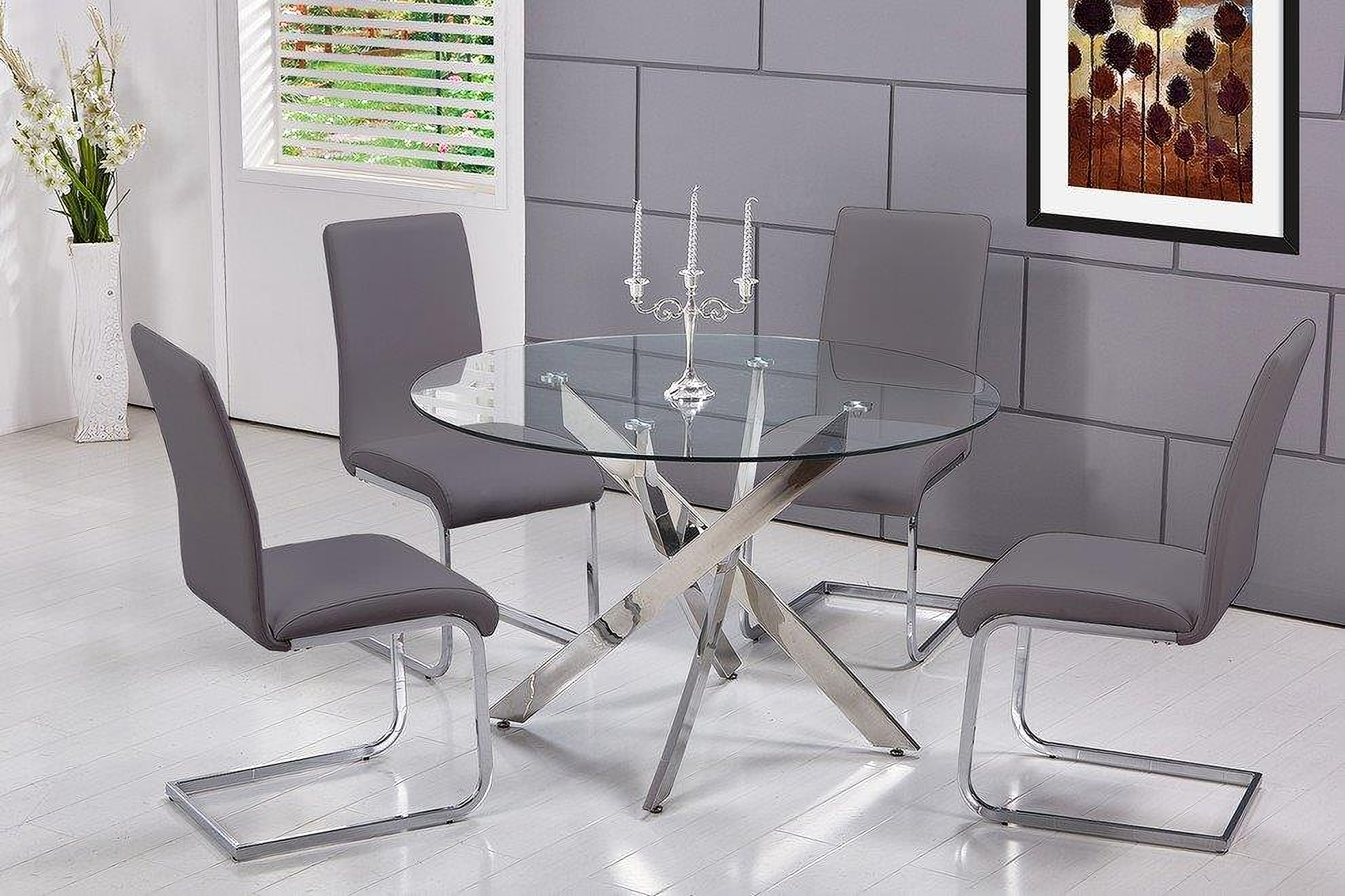 Alison 5 Piece Modern Glass Top Dinette Set In Gray