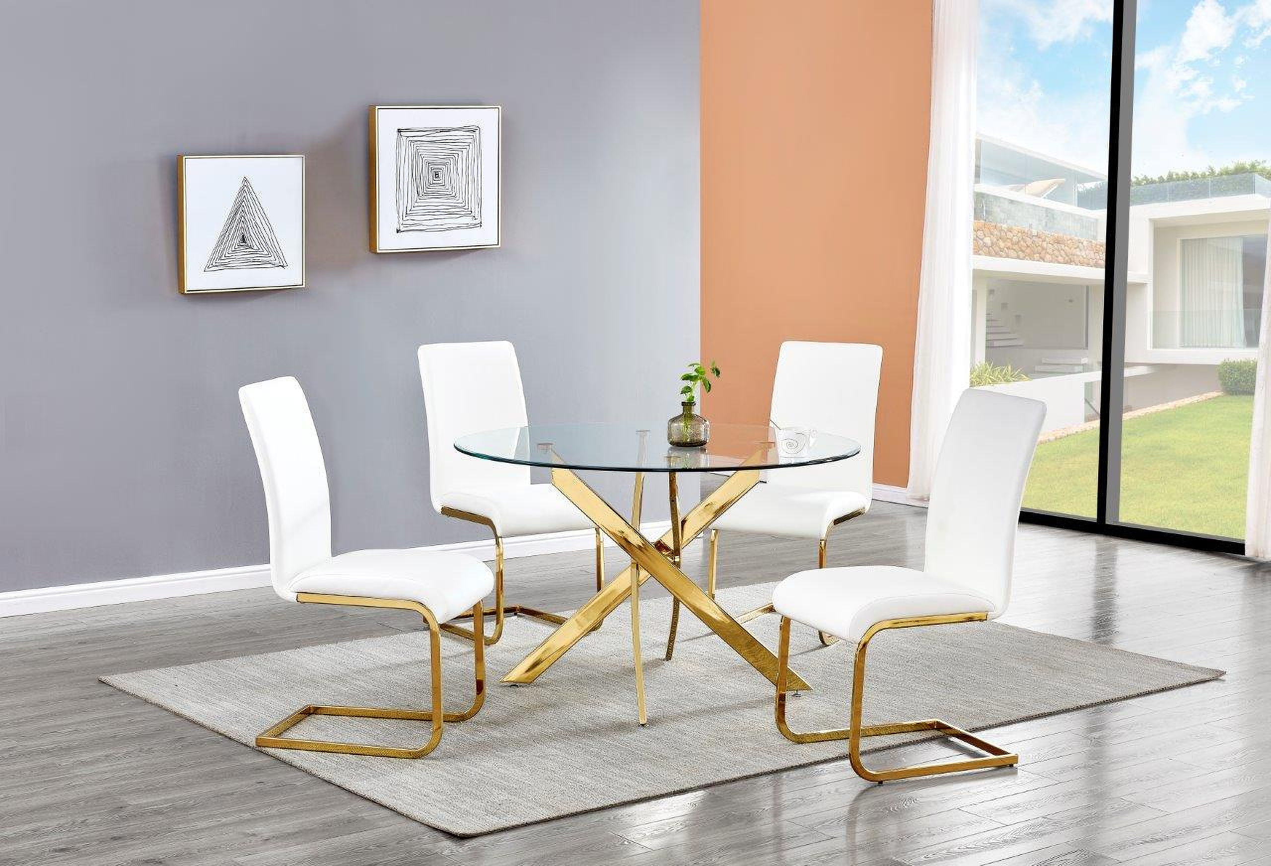 Alison 5 Piece Modern Glass Top Dinette Set In White And Gold