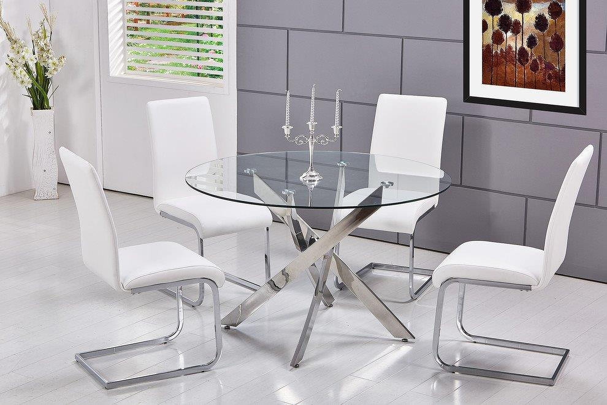 Alison 5 Piece Modern Glass Top Dinette Set In White