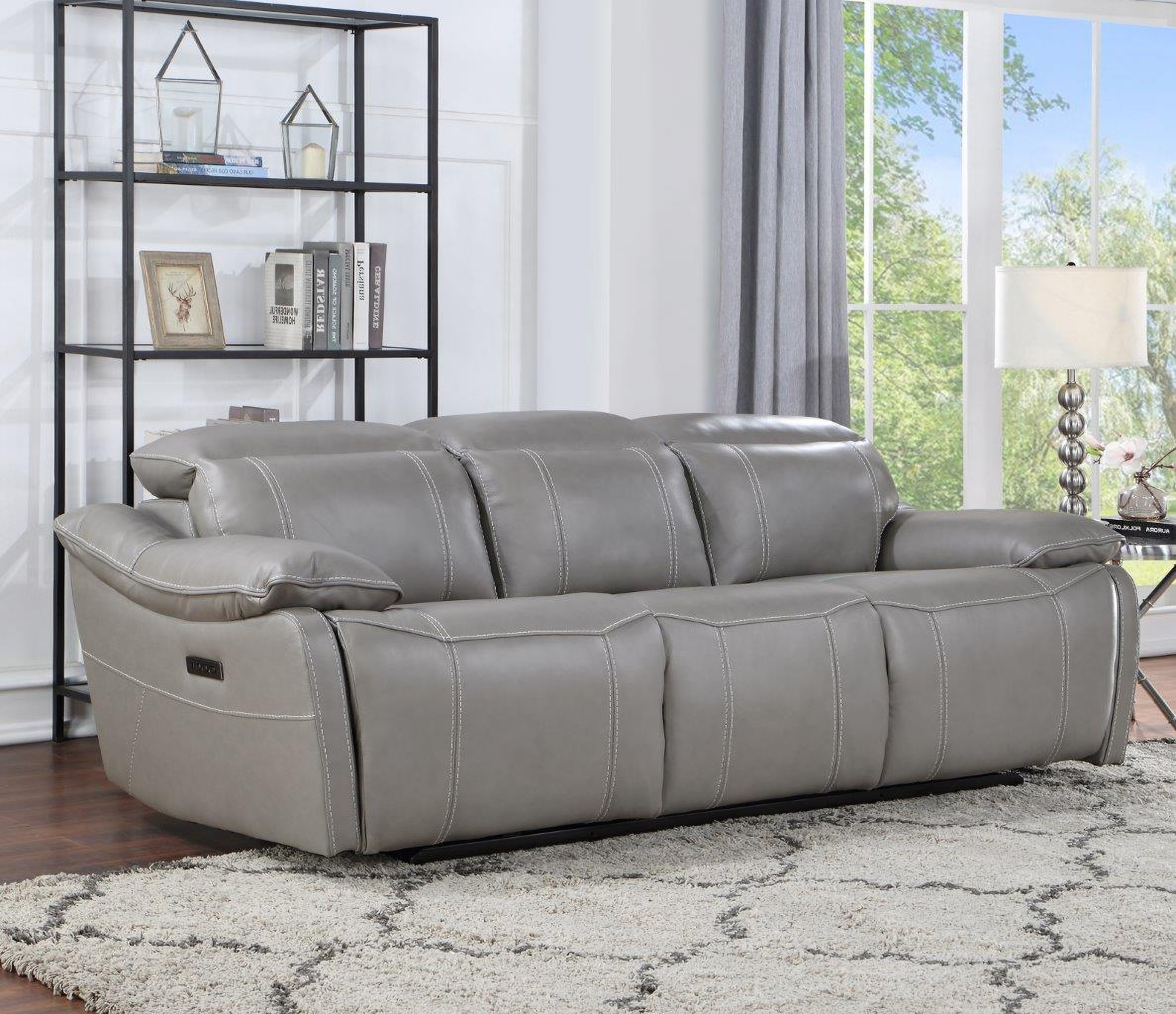 Armen Living Claude Dual Power Headrest and Lumbar Support Reclining Sofa in Light Grey Genuine Leather