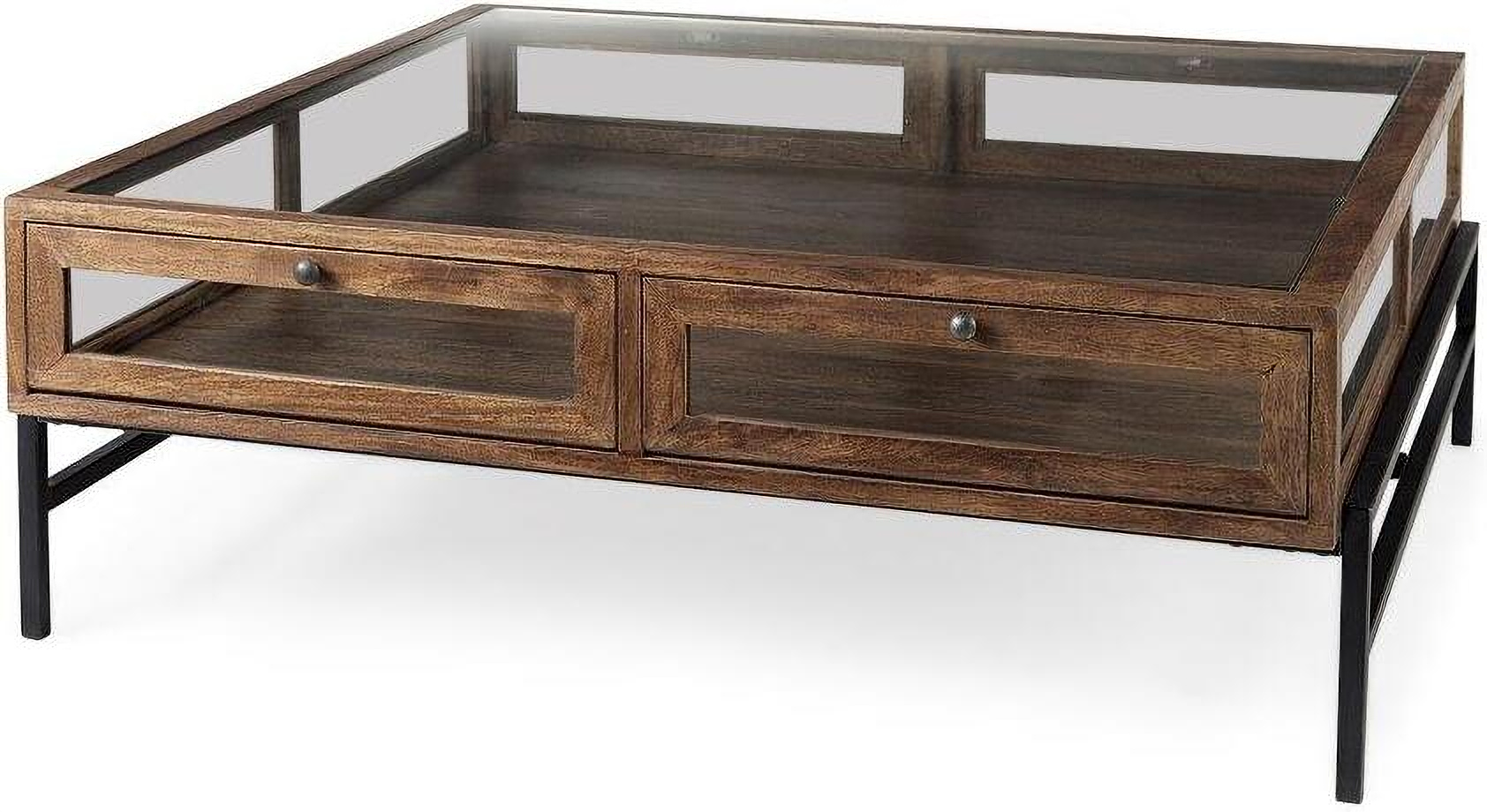 Mercana Arelius 42 inch Square Glass-Top Medium Brown with Black Metal Base Display Coffee Table, image size:1684x920