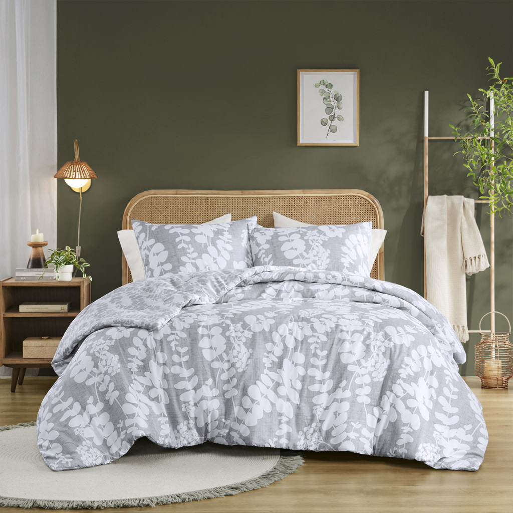 Aria Floral Print Revesible Comforter Set In Gray by Olliix 1StopBedrooms