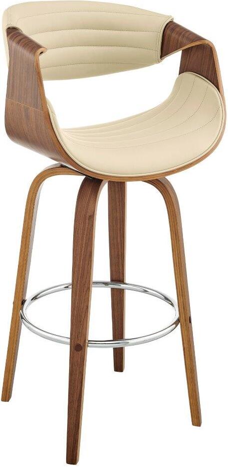 Arya 30 Inch Swivel Bar Stool In Cream Faux Leather And Walnut