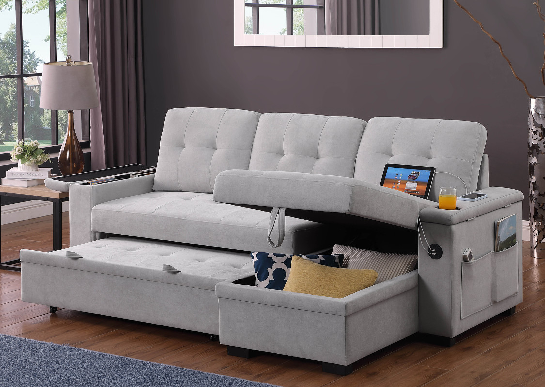 Ashlyn II 84 Inch Woven Fabric Reversible Sleeper Sectional Sofa with ...