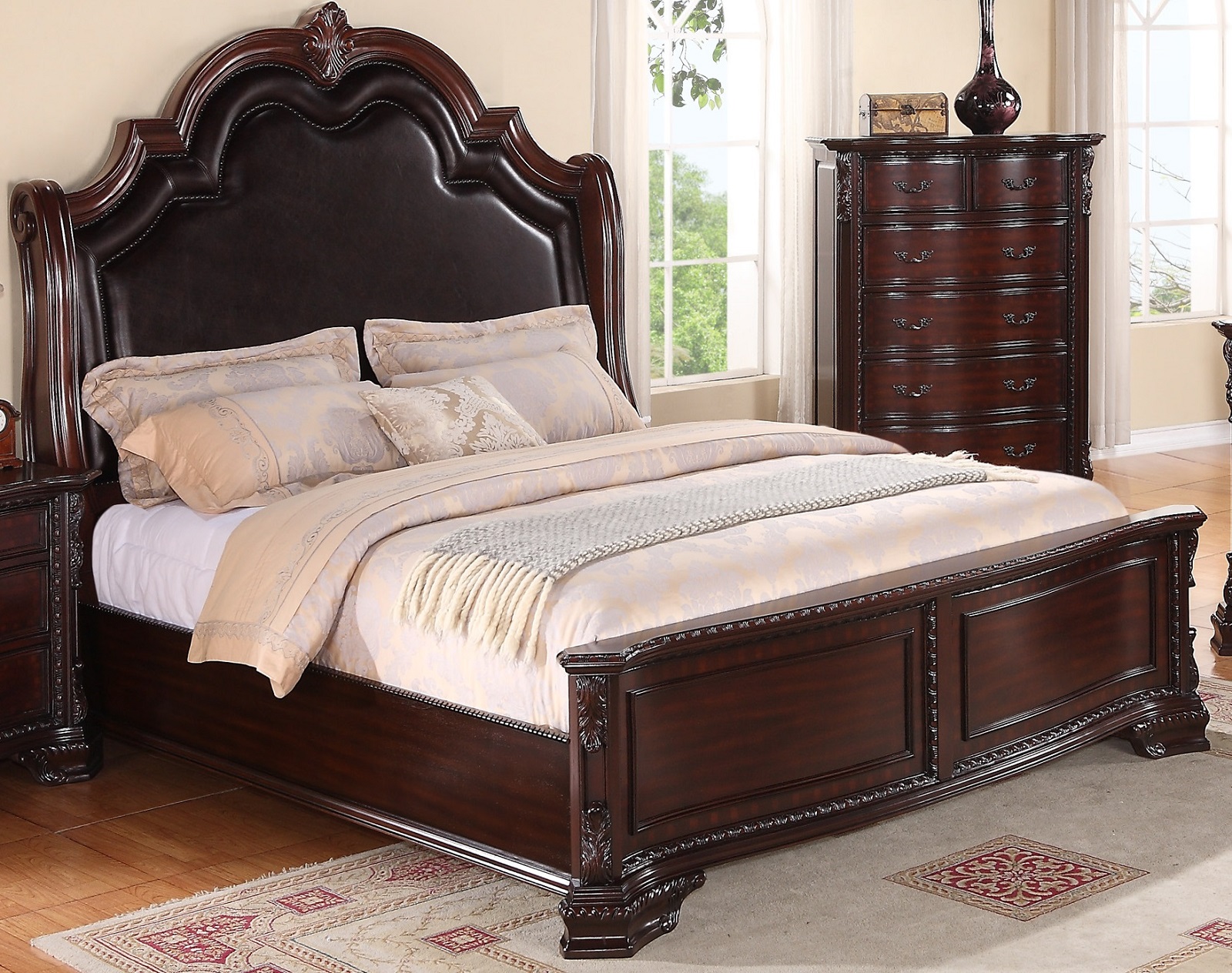 Crown Mark Furniture Sheffield Upholstered Queen Bed in Dark Cherry
