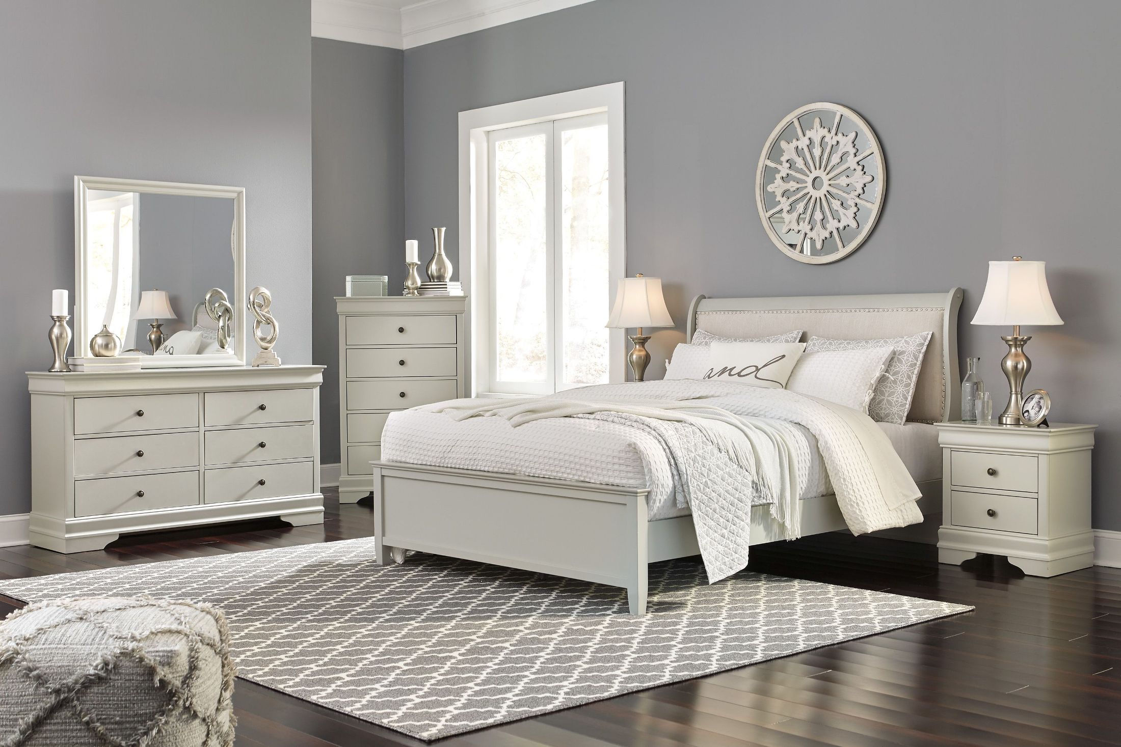 Jorstad Gray Upholstered Sleigh Bedroom Set - 1StopBedrooms.