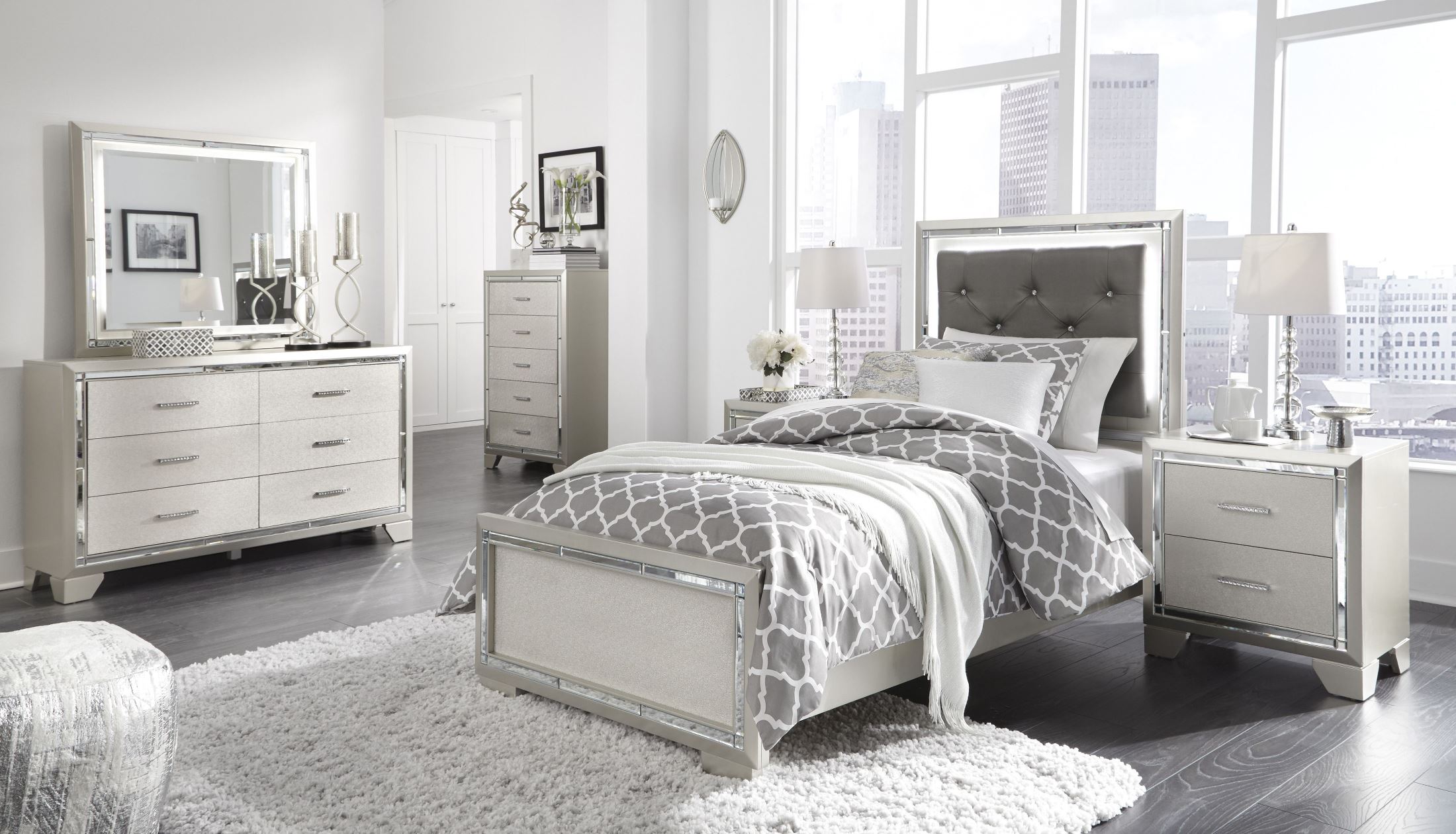 Lonnix Silver Youth Upholstered Panel Bedroom Set 1StopBedrooms