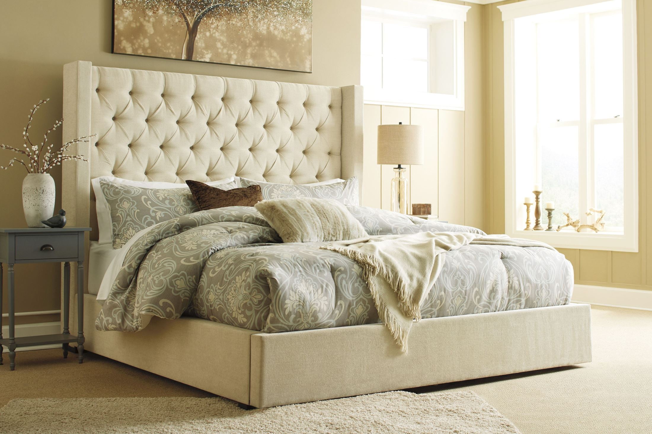 Norrister Beige Upholstered Platform Storage Bedroom Set ...