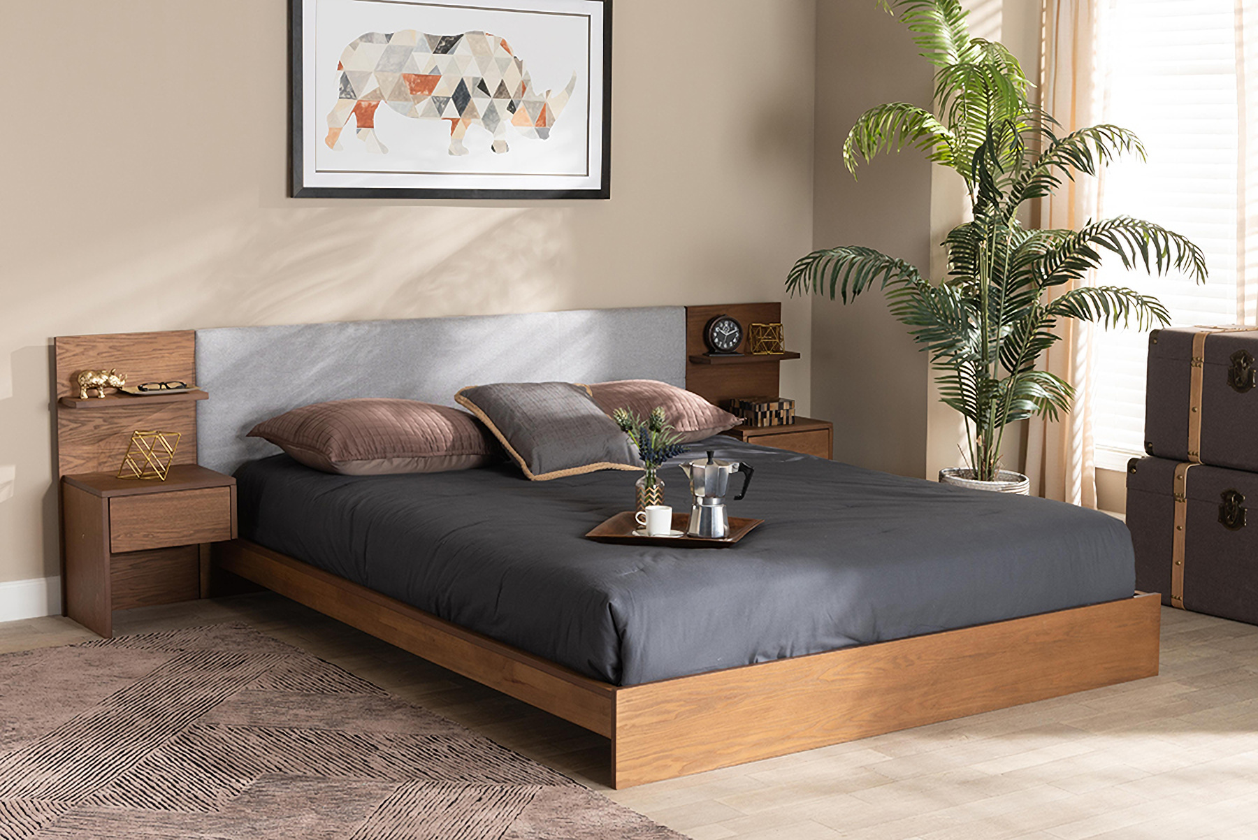 Sami Queen Storage Bed w/ Built In Nightstands in Gray Fabric & Walnut by Baxton Studio