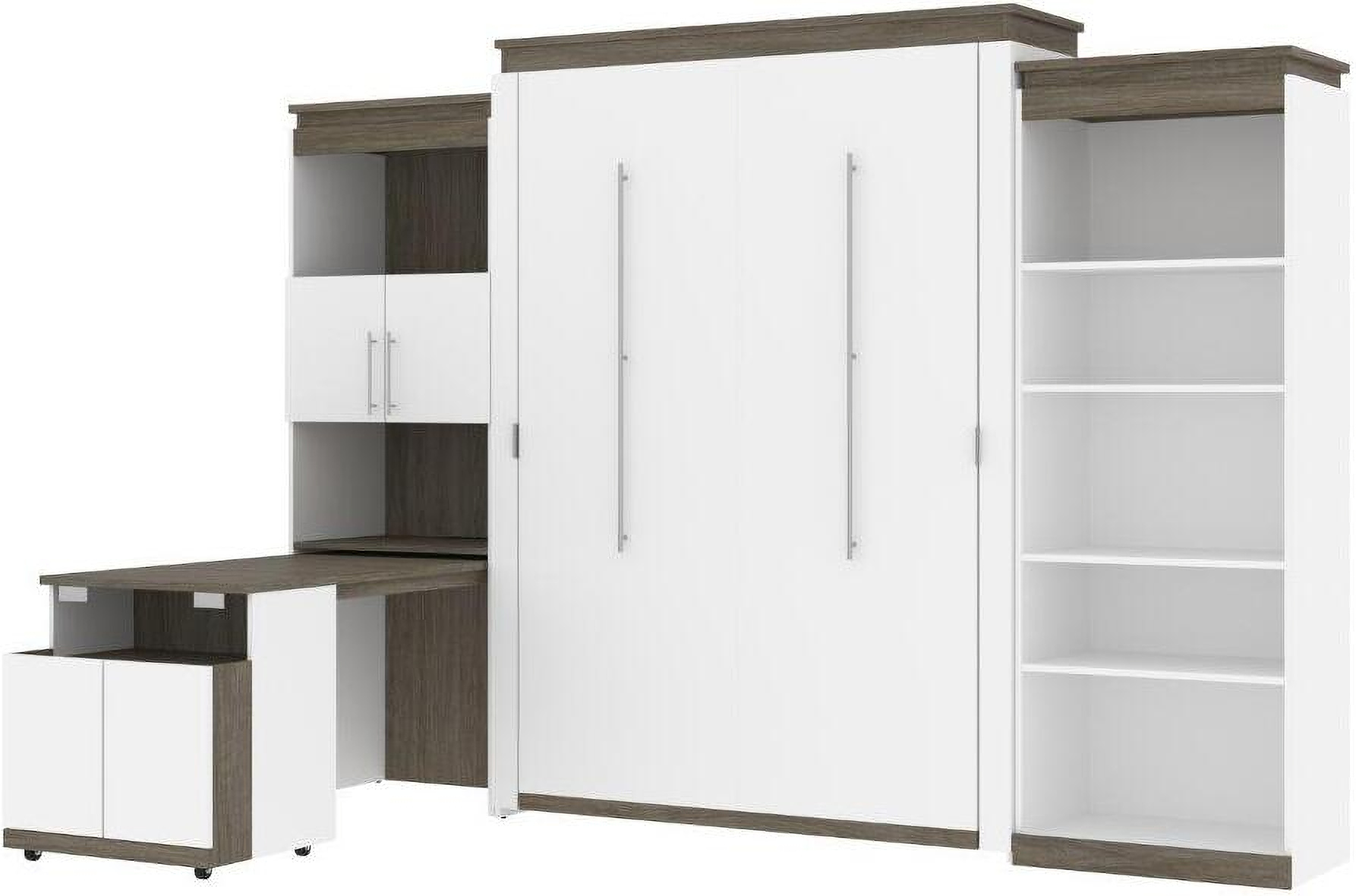 Bestar Orion 124W Queen Murphy Bed With Shelving And Fold-Out Desk In White And Walnut Grey